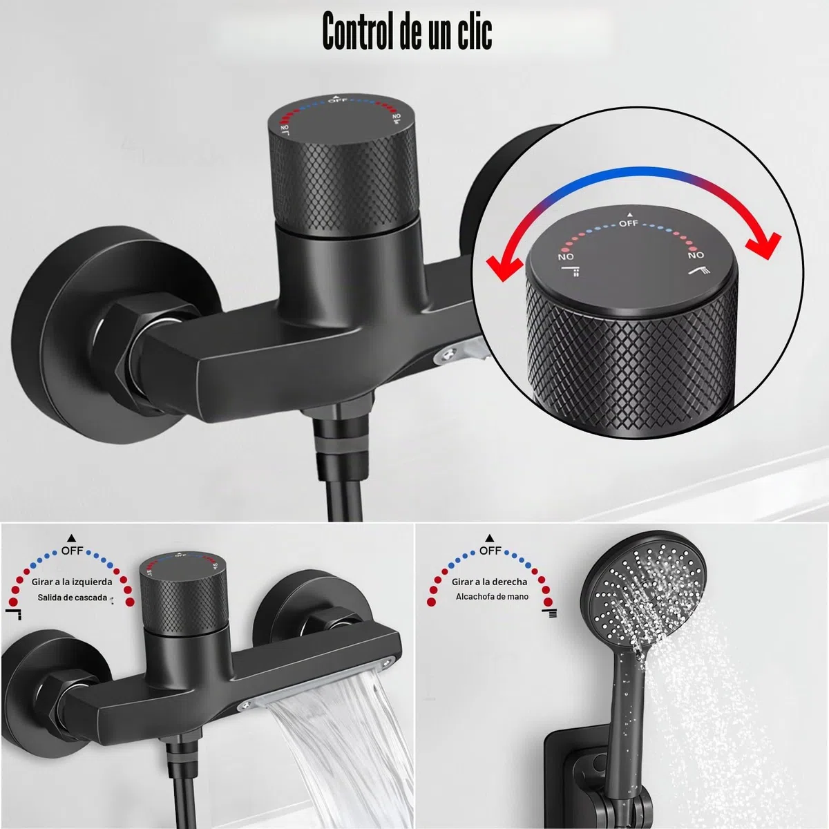 Grifo Bañera Negro en Cascada, Grifo Mural de Latón para Ducha y Baño, con Ducha de Mano de 3 Modos, Mezclador Monomando para Bañera Universal 1/2" Salida Inferior, con Soporte y Manguera de 1,5 m