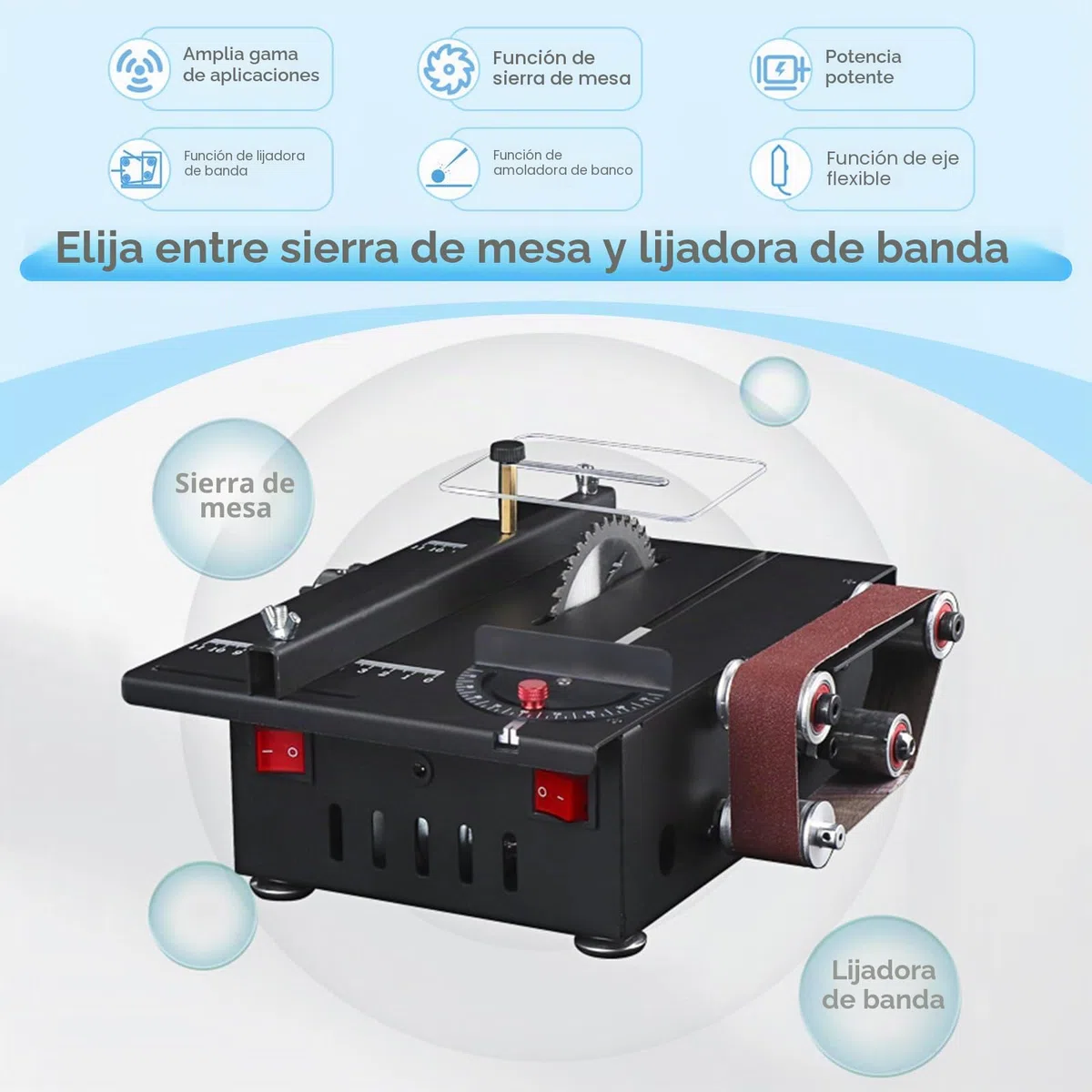 Mini Sierra de Mesa, Sierra Compacta con Lijadora de Banda, 200W Multifuncional Portátil para DIY, 4 Cuchillas, Profundidad de Corte 0,1-30mm