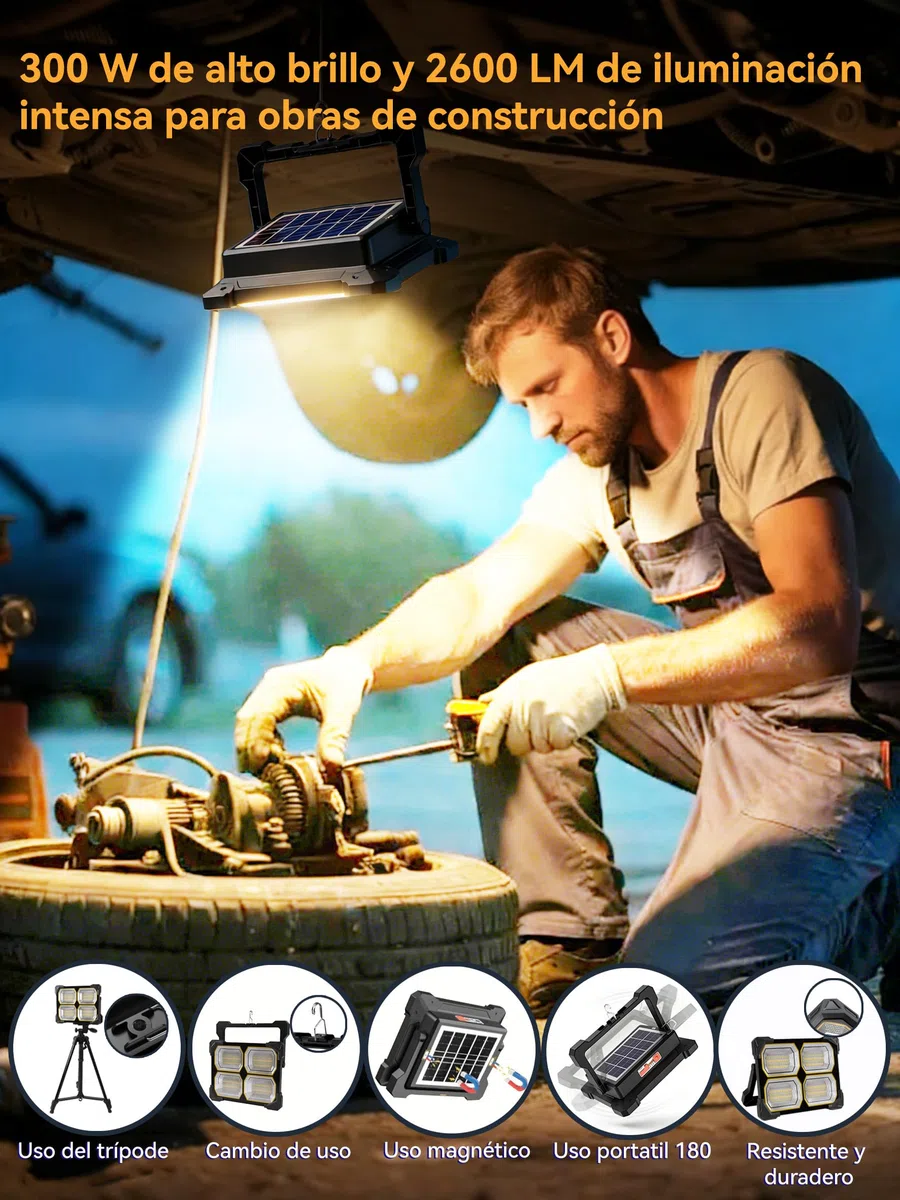 Foco Led Recargable 300W Linterna Solar Recargable 26000Ahm luz led recargable IP66 focos led exterior bombilla Recargable para Pesca,Construción,Garaje,Emergenc,Trabajo