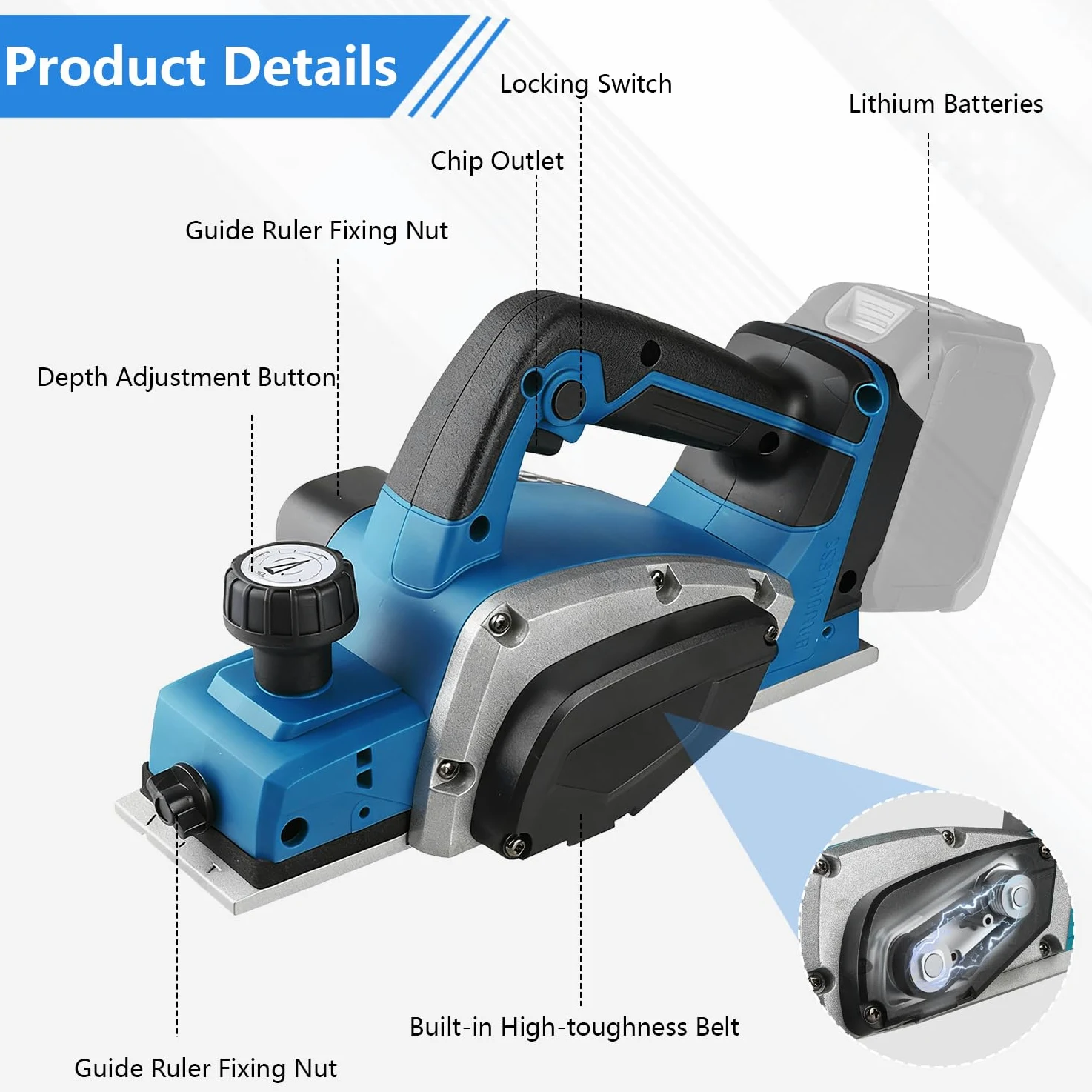 Cepillo eléctrico para madera, cepillo inalámbrico compatible con Makita 18 V batería, 15000 rpm cepilladora para trabajar la madera de puertas y muebles de casa (sin batería ni cargador)