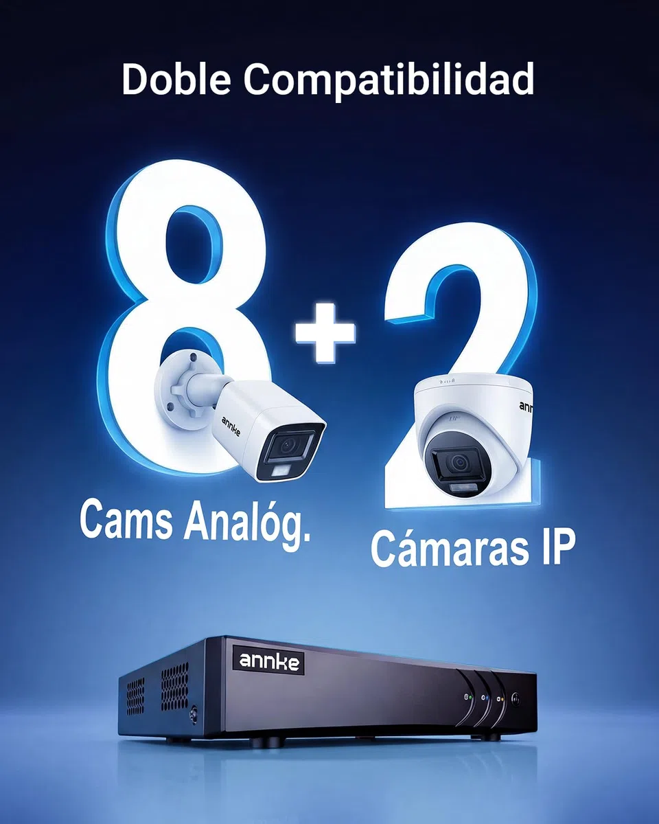ANNKE 3K/5MP Lite DVR 8 Canales con 1 TB Disco Duro, CCTV Video Vigilancia DVR Soporta 8 Cámaras Analógicas y 2 Cámaras IP, Detección de Personas y Vehículos, H.265+, Alerta por E-Mail con Fotos