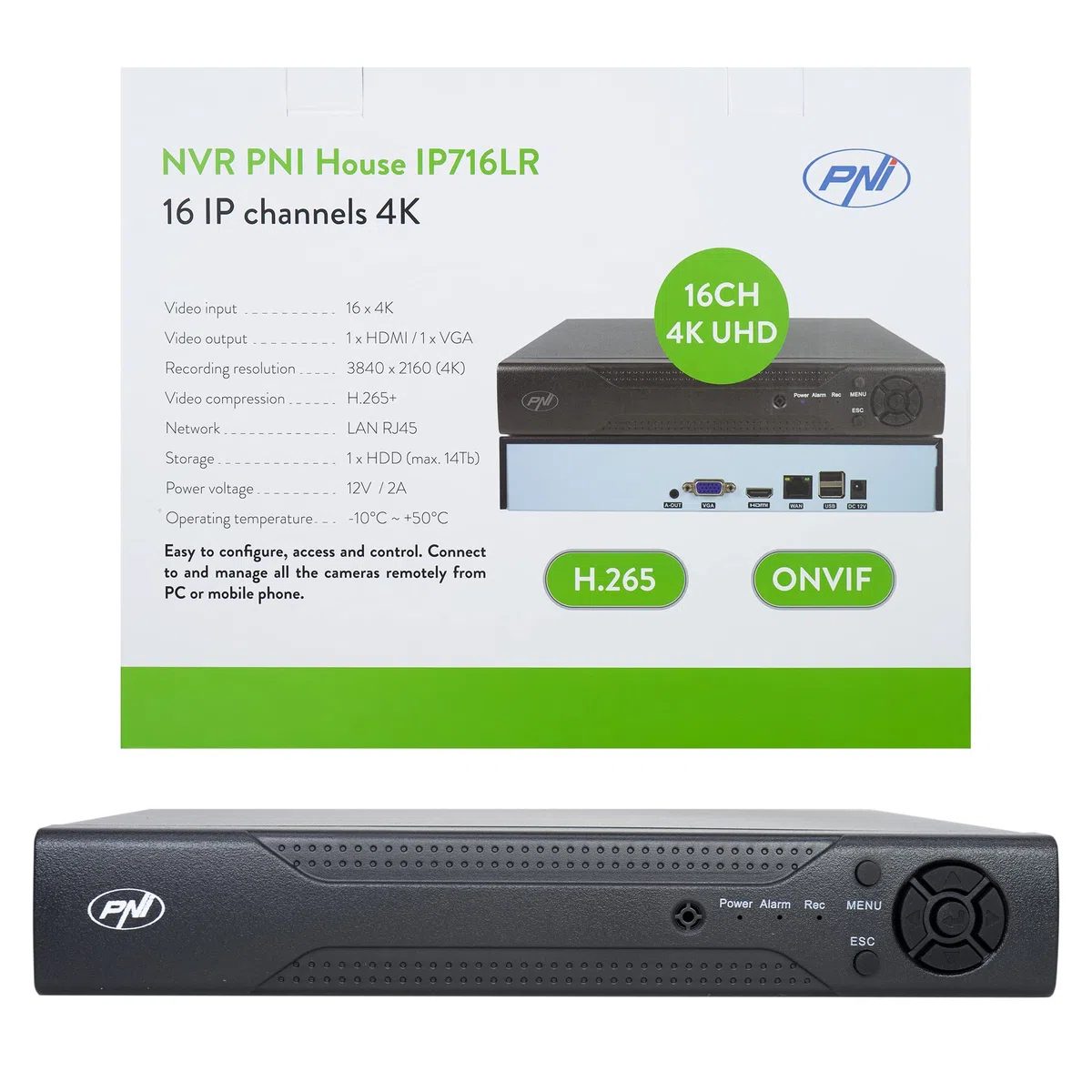 NVR PNI House IP716LR, 16 Canales 4K, H.265