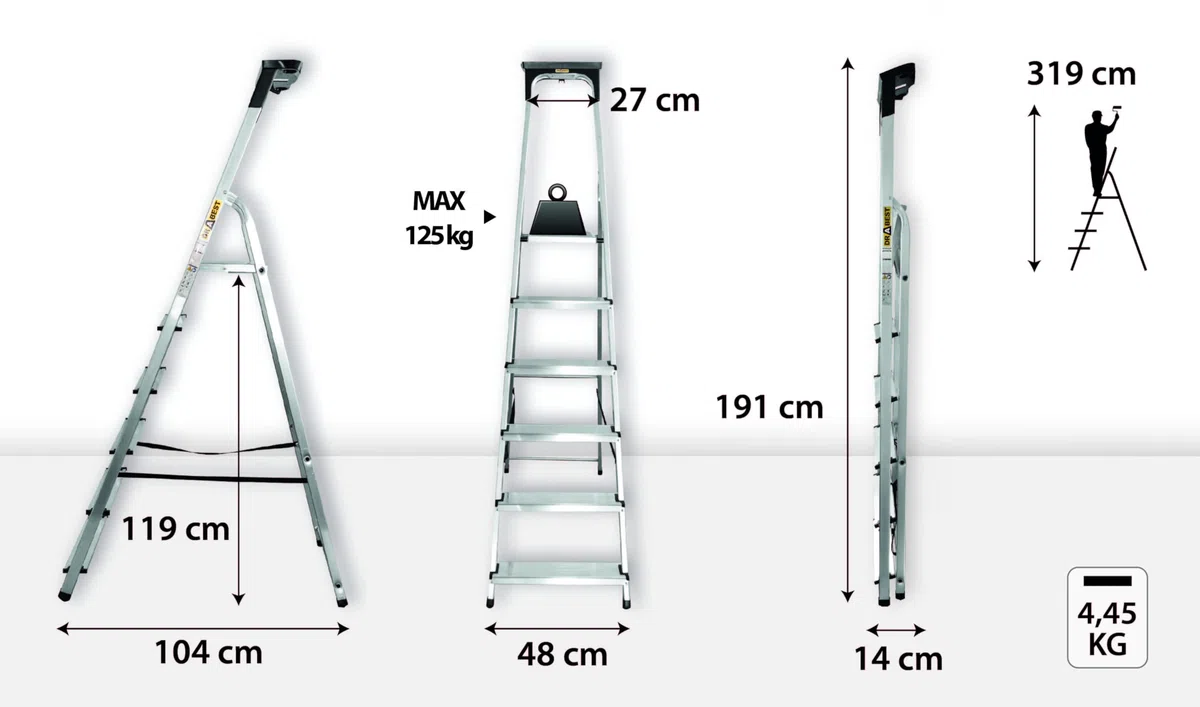Drabest – Escalera doméstica – Escalera de Mano – 6 peldaños – Altura de Trabajo 3,19 m – Escalera de Mano Plegable de Aluminio, Carga máx. 125kg – con Plataforma de 25 x 26cm, Patas Antideslizantes