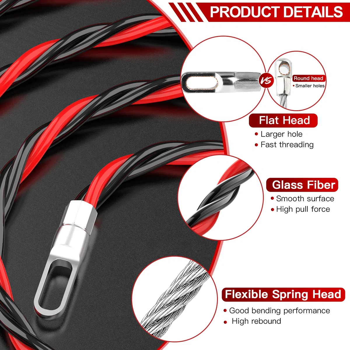 EFUTURETIME Guia Pasacables Pared 50m, Cable Puller 6mm con 2 Muelle de Guía, 3 Cintas de Amarre, Enhebrador de Alambre Electrico para Instalación y Desinstalación de Cables