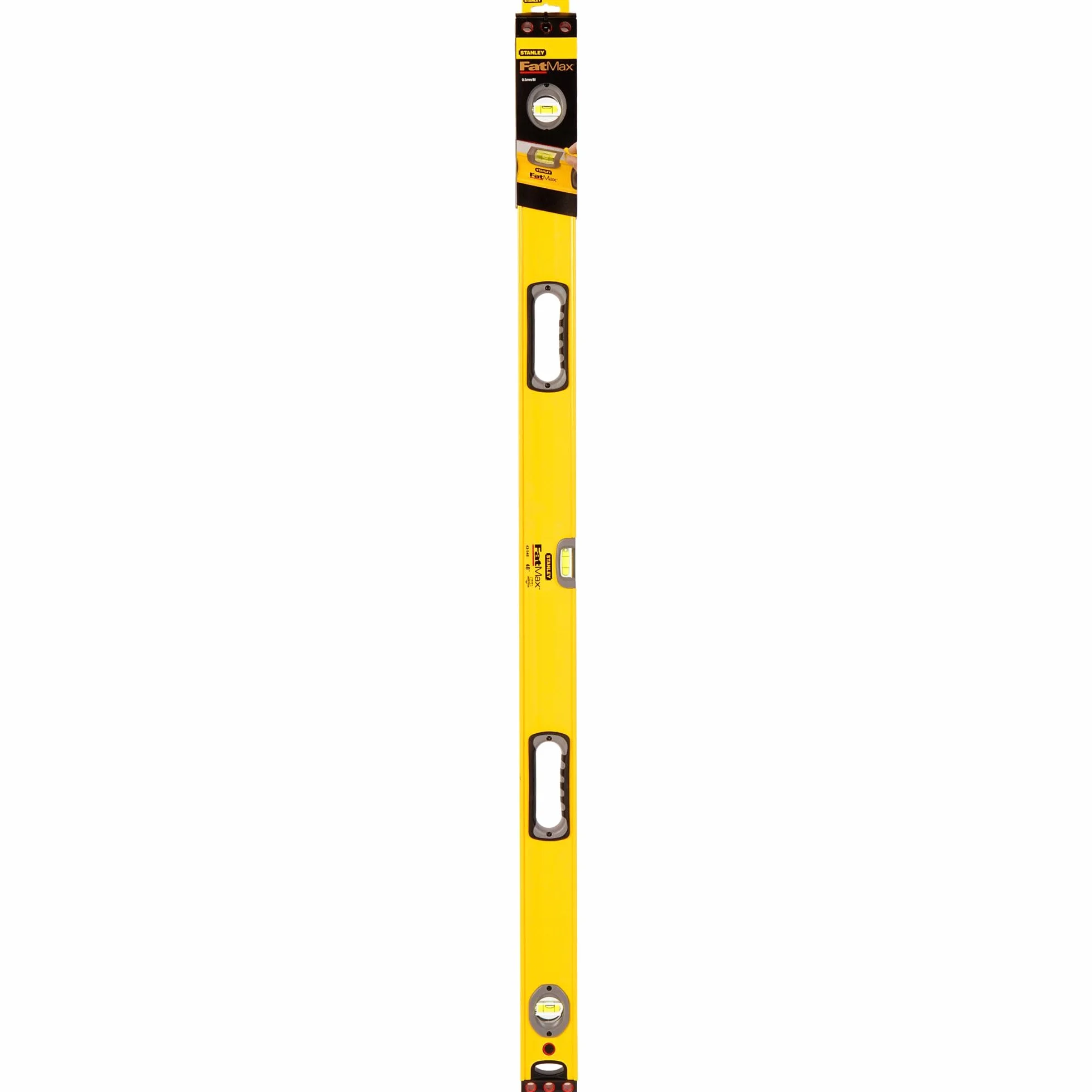 STANLEY Nivel FatMax II 120 cm, cuerpo de aluminio reforzado, 3 burbujas de visibilidad, precisión +/- 0.5mm/m, bases mecanizadas, extremos de caucho, empuñaduras fijas, 1-43-548