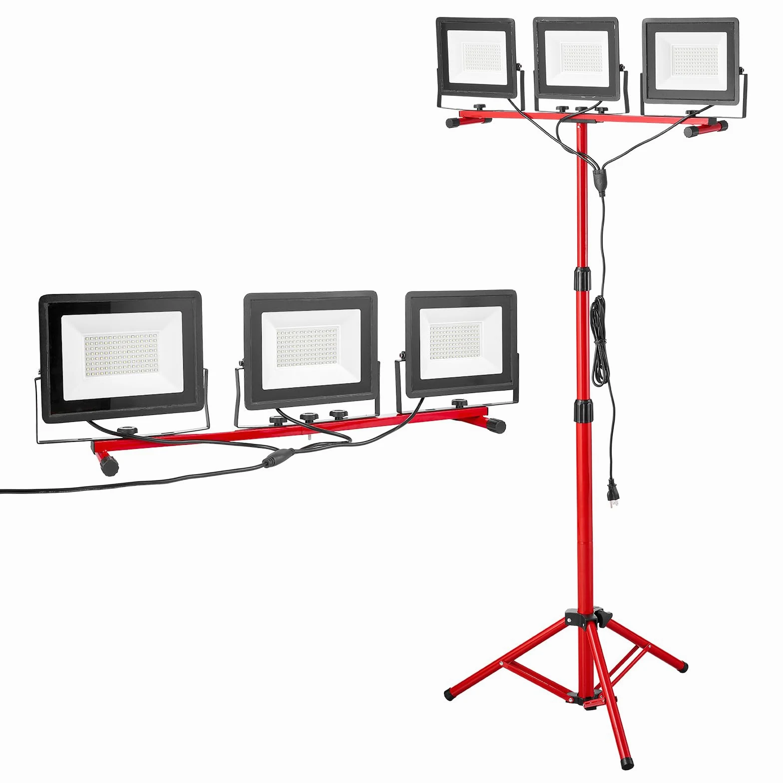 VEVOR Luz de Trabajo LED con Soporte, 15 000 Lúmenes, Luz de 3 Cabezales con Interruptor Individual, Trípode y Cable de Alimentación de 3,3 m para Obras de Construcción, Resistente al Agua IP65