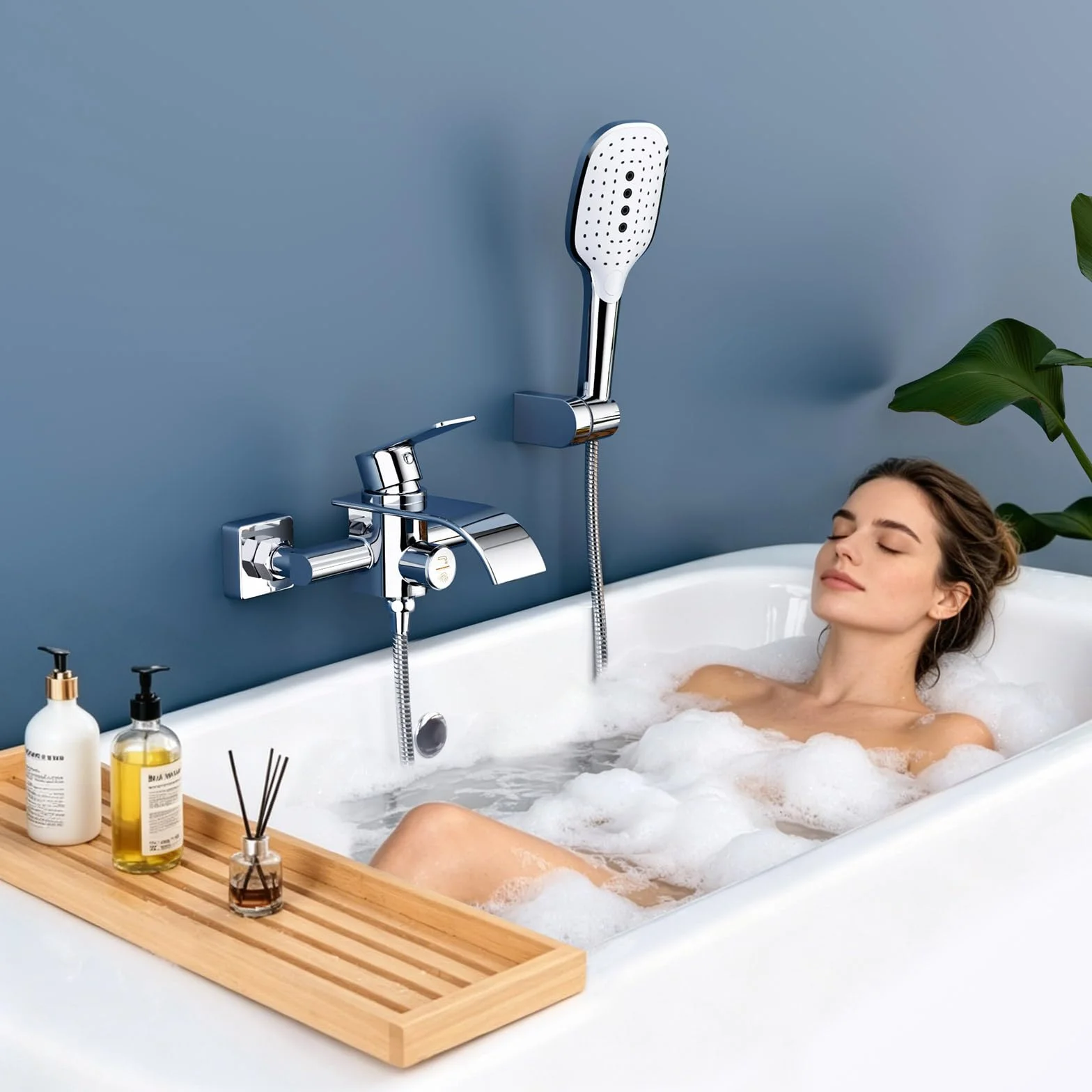 Grifo de bañera con ducha de mano, cascada, mezclador de latón 3 funciones, monomando con interruptor de presión