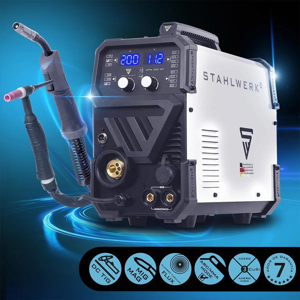 STAHLWERK Soldadora combinada 3 en 1 MTM-200 ST – Inverter combinado para TIG, MIG/MAG, MMA/Electrodo hasta 200 A, hilo sinérgico, 4 rodillos, encendido HF, apto para hilo hueco, acero, chapa fina