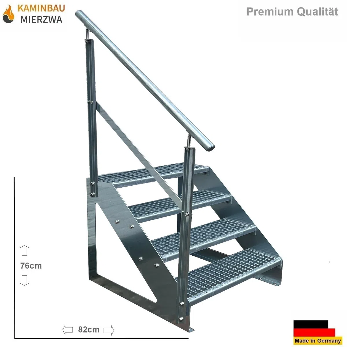 Escaleras de zanca de acero 4 Escalones Independiente Totalmente galvanizada con barandilla a la izquierda - Medidas (L x A x A) 82cm x 60cm x 76cm Resistente a la intemperie y la corrosión
