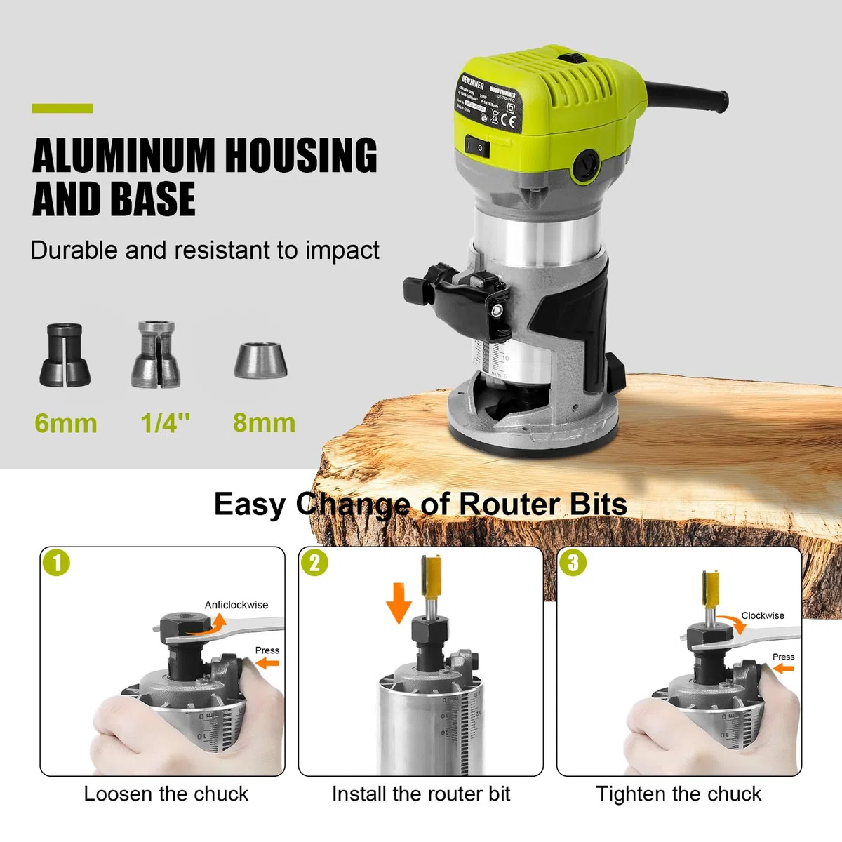 DEWINNER Fresadora De Madera Rebajadora Eléctrica 710W 13000-33000 RPM, 6 Velocidades Variables, Pinza De Base Fija De 1/4''/6/8MM,Con Bolsa de lona, con 15PCS 1/4"Juego de Brocas para Madera