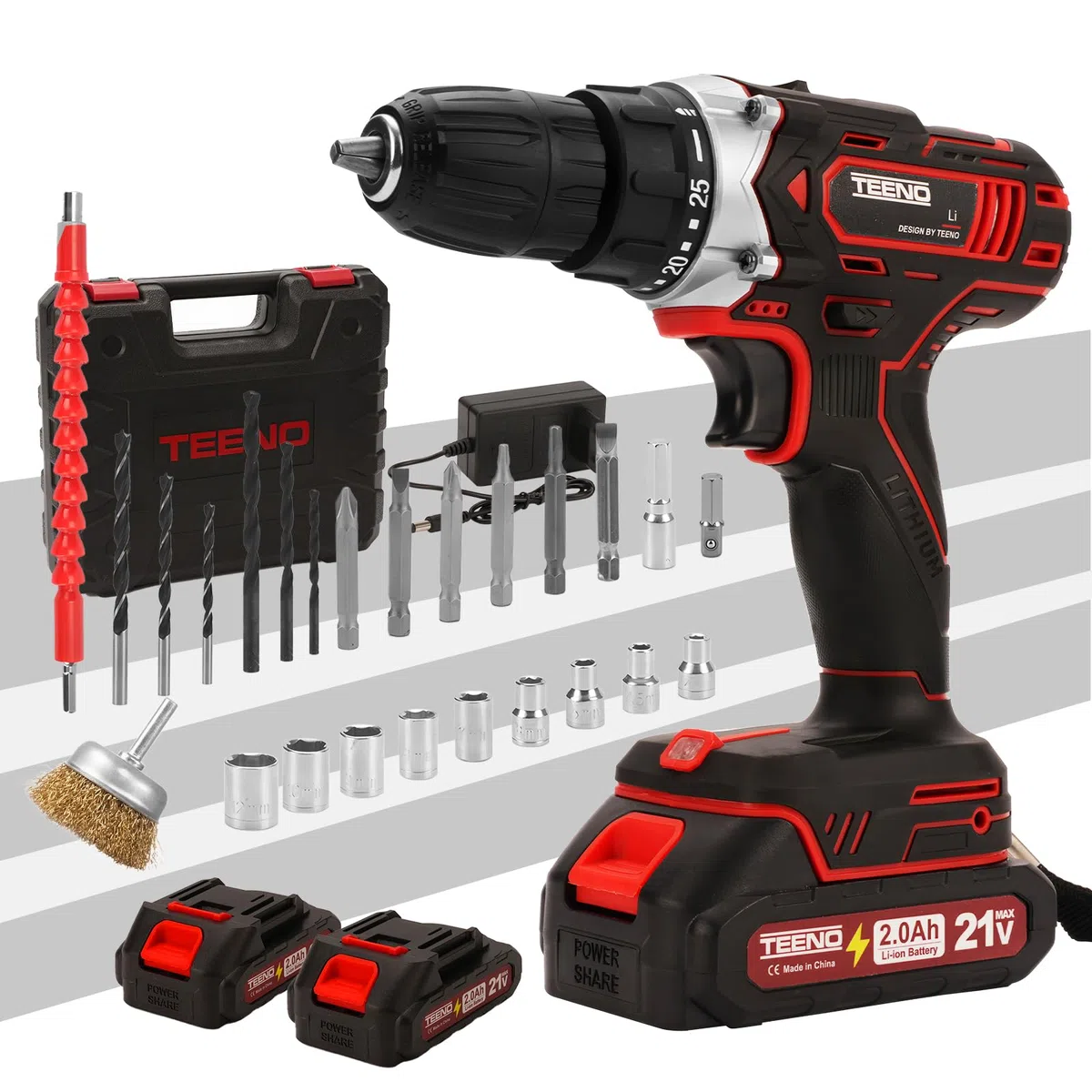 TEENO Taladro Atornillador Inalámbrico para Batería Makita de 21V 2 * 2,0 Ah Baterías,con Cepillo Antióxido de Metal, 45 Nm,25+1 Configuraciones de Par, 2 Velocidades, LED, 31 Accesorios y Maletín
