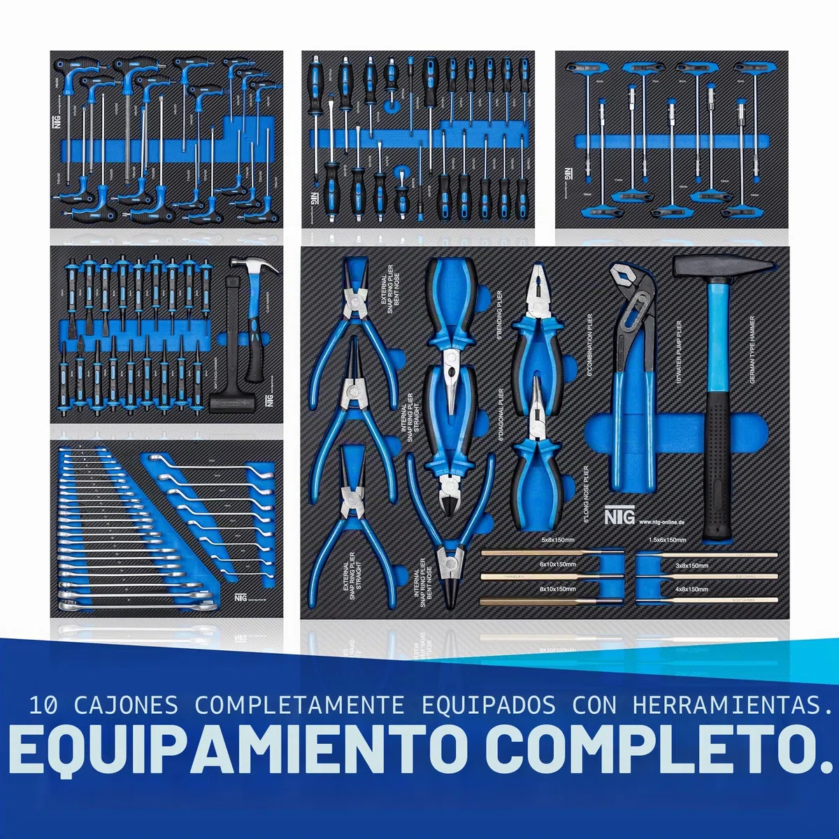 NTG Carro de herramientas XXL equipado con herramientas | 457 piezas | +12 cajones con cerradura | 10 de ellos con herramientas | con inserciones suaves en aspecto de carbono | carro de taller caja de