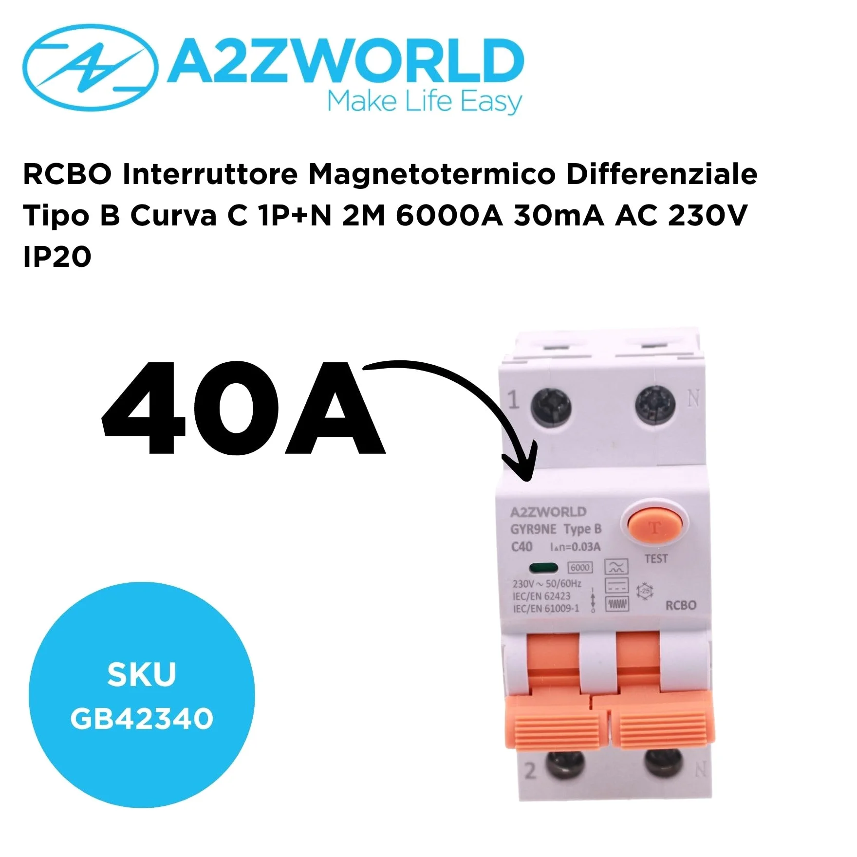 Interruptor Diferencial Magnetotérmico Tipo B Reinicio Automático C40A, RCBO Salvavidas Clase B Curva C Reiniciable, 1P+N 6kA 30mA 0.03A, 3 Módulos DIN, 3 Intentos (10s/60s/300s)