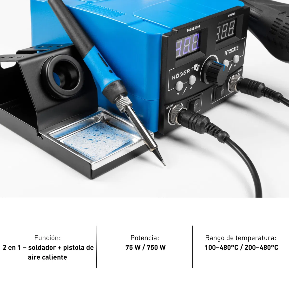 HÖGERT TECHNIK - Estación de soldadura 2 en 1 75W con pistola de aire caliente 750W, control digital de temperatura, pantalla LED, segura para ESD, para reparaciones de SMD y BGA