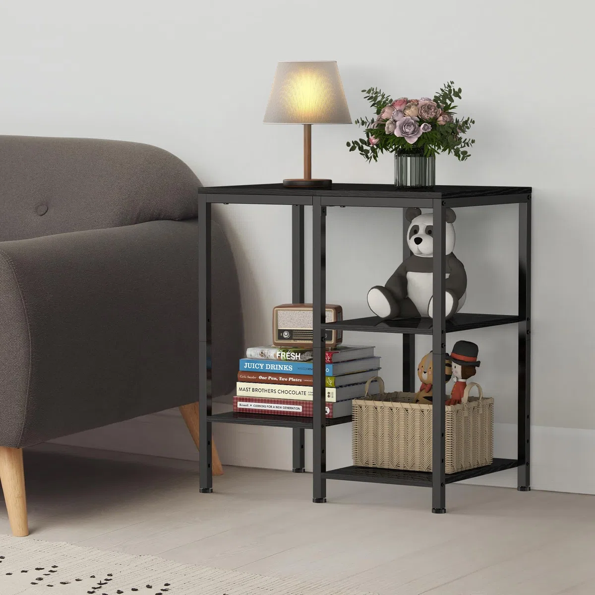 smusei Estantería Multifuncional de 4 Niveles, Estilo Minimalista, Negro, 66 x 40 x 60 cm, 4 Estantes Ajustables, 50 lbs de Capacidad, Incluye Hardware, Montaje en 30 Minutos