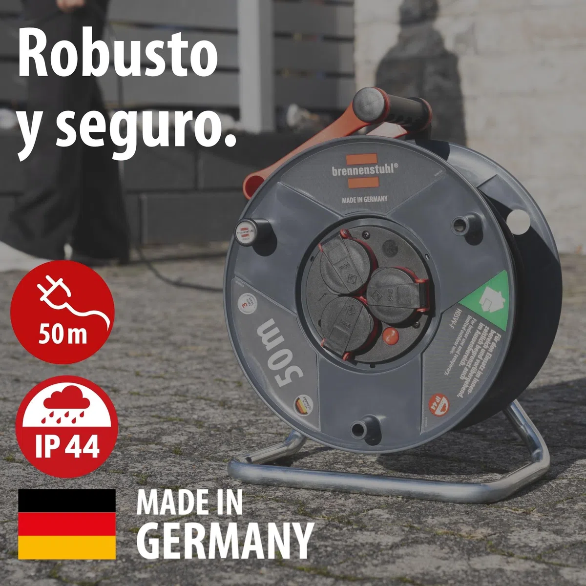 Brennenstuhl Enrollacables Garant V2 IP44 50m exterior (Made in Germany, 3 tomas de corriente con contacto de puesta a tierra, plástico especial)