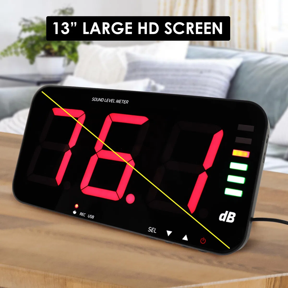 Medidor de Decibel, medidor de nivel de sonido para colgar en la pared, medidor de ruido con sensor de sonido de 16.4 pies, medidor de sonido de alarma audible y visual para monitoreo de nivel de