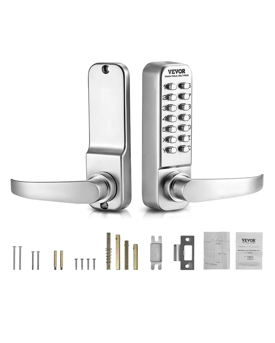 VEVOR Cerradura de Combinación Mecánica con Teclado de Una Cara 14 Teclas, Cerradura de Puerta sin Llave con Manija Adecuado para Puertas de 35 a 65 mm de Grosor para Oficina, Patio, Plateado