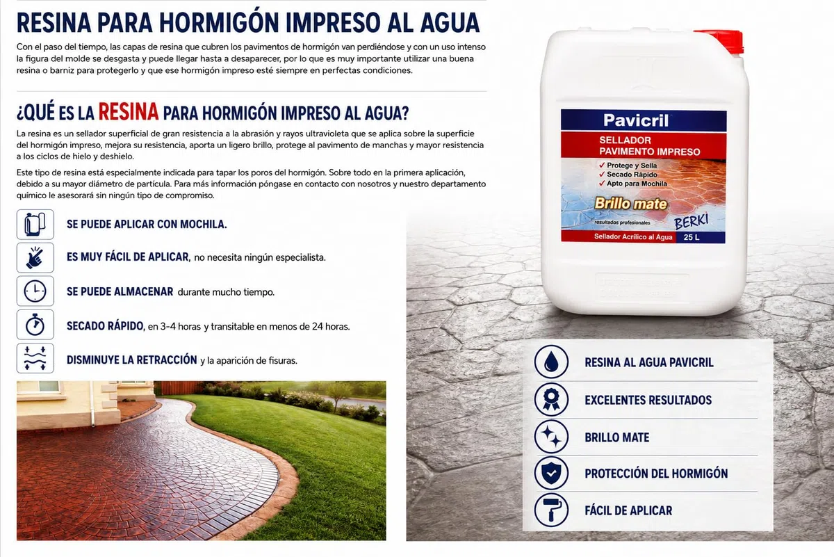 BERKI - Resina para Pavimento Impreso al Agua Pavicril 25 Litros, Sellador Hormigón, Barniz para Pavimento, Protección del Suelo. Brillo Mate, Somos Fabricantes.