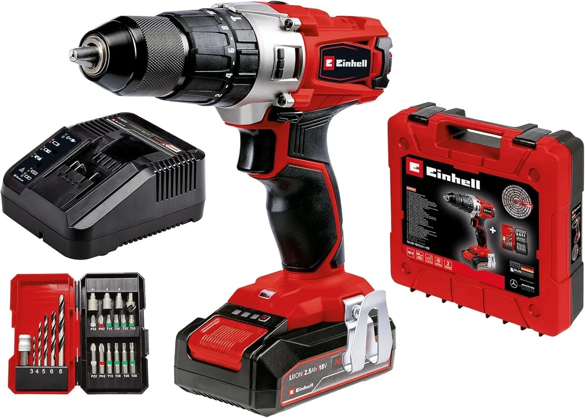 Einhell Taladro percutor con batería TE-CD 18/2 Li +22 (1x2,5 Ah) PXC (iones de Li, 18 V, 44 Nm, engranaje de 2 veloc., incl. batería de 2,5 Ah, cargador rápido, caja de puntas de 22 piezas y maletín)