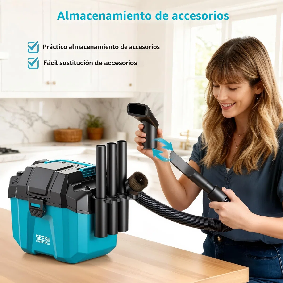 Seesii Aspiradora seco y Humedo sin Cable, 10L, 2 baterías de 4 Ah, Filtro HEPA, Correa, 4 Ruedas y Accesorios. Ideal para Garaje, Coche, Taller y casa (Azul)