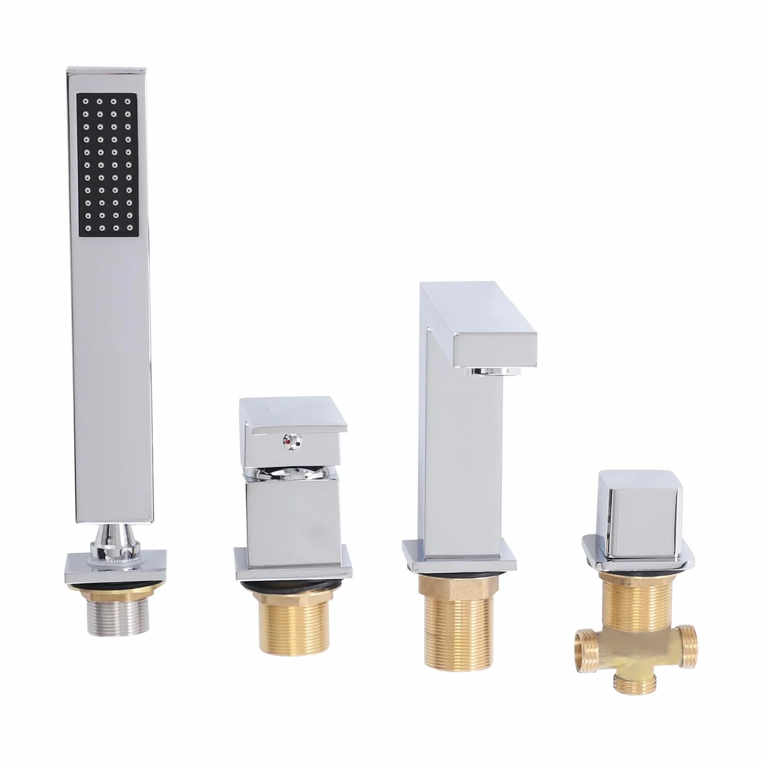 Grifo para bañera de 4 orificios, grifo de bañera con ducha de mano, grifo de borde de azulejo cromado, monomando con ducha de mano, grifo de baño frío y caliente para bañera (plata)
