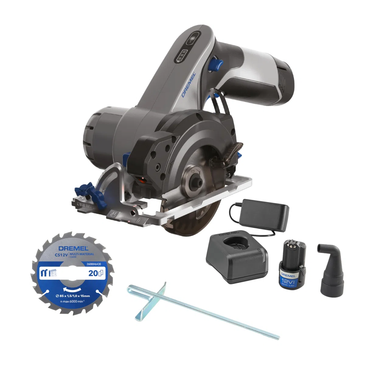 Dremel Blueprint 12V sierra circular compacta sin cable con motor sin escobillas, con guía de línea láser, guía para cortes en bisel, 1x hoja de sierra circular multi-material, guía de corte al hilo