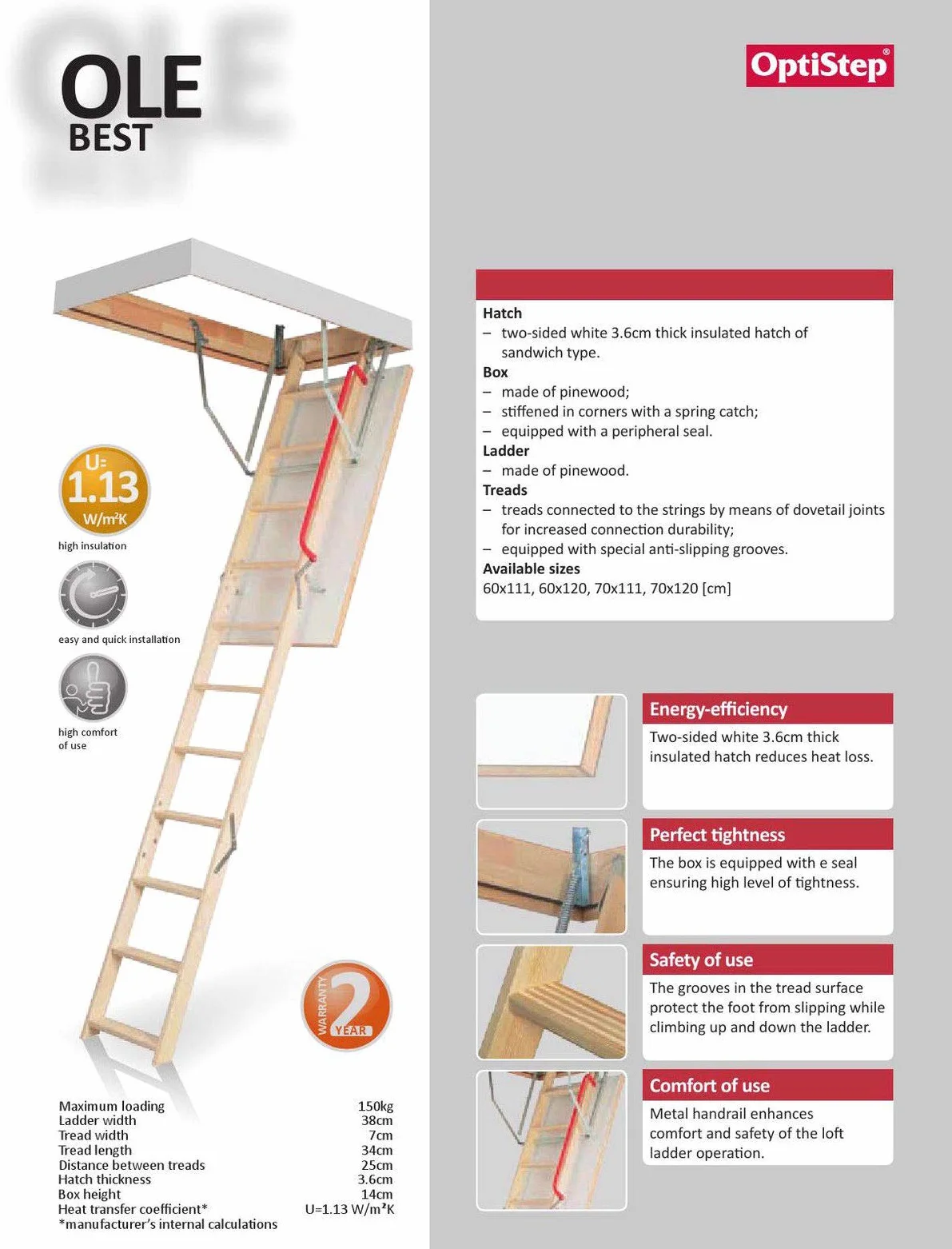 Escaleras de madera plegables para desván. Tamaño del marco 70 cm de ancho x 120 cm de largo, altura hasta 280 cm y puerta aislada plegable