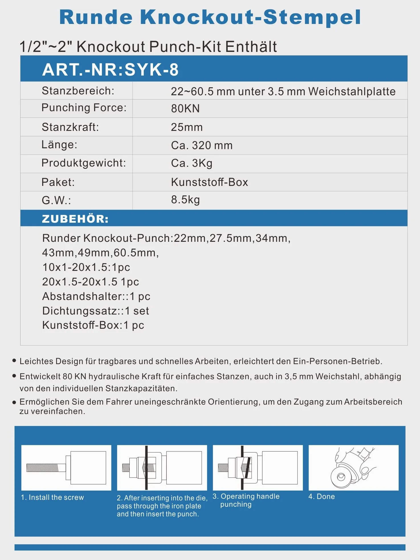 AMZCNC 8T hidráulico Knockout Punch eléctrico de canal de cables Kit de herramientas KO Kit con 6 juegos de formas de apertura (22 mm ~ 60,5 mm) para acero y metales, Punches Knockout