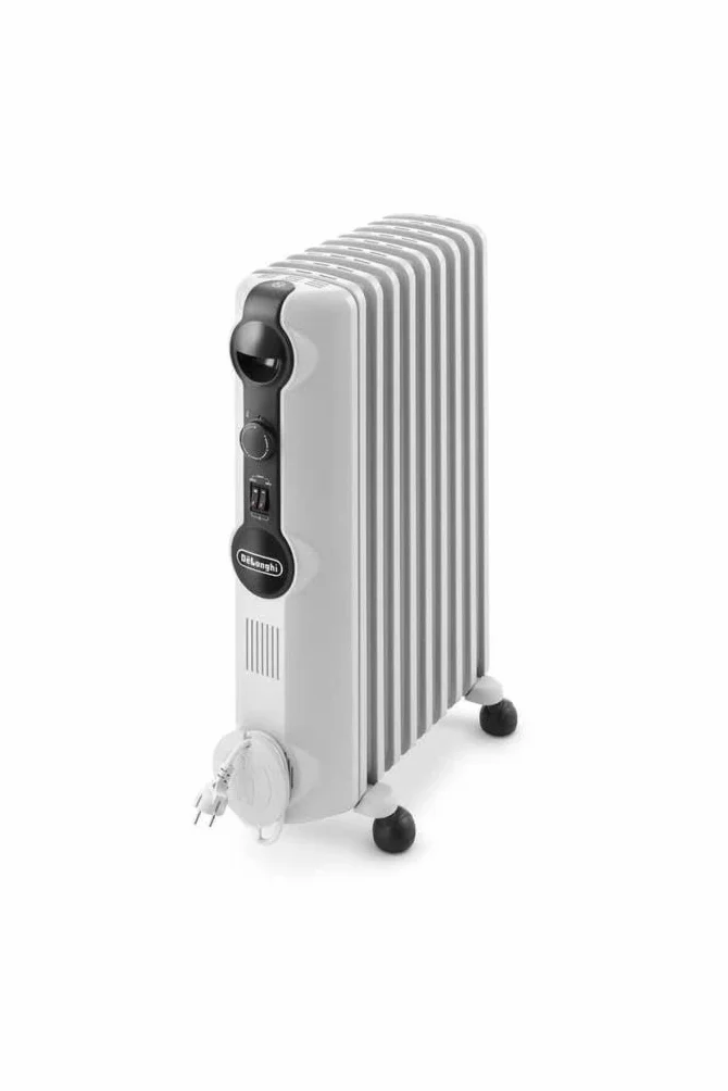 De'Longhi Radia S – Radiador de Aceite para Estancias de Hasta 60 m³, Calefactor Eléctrico con Termostato de Seguridad, 9 Aletas, Función Antiheladas, Portátil, 2000W, Blanco (TRRS0920)