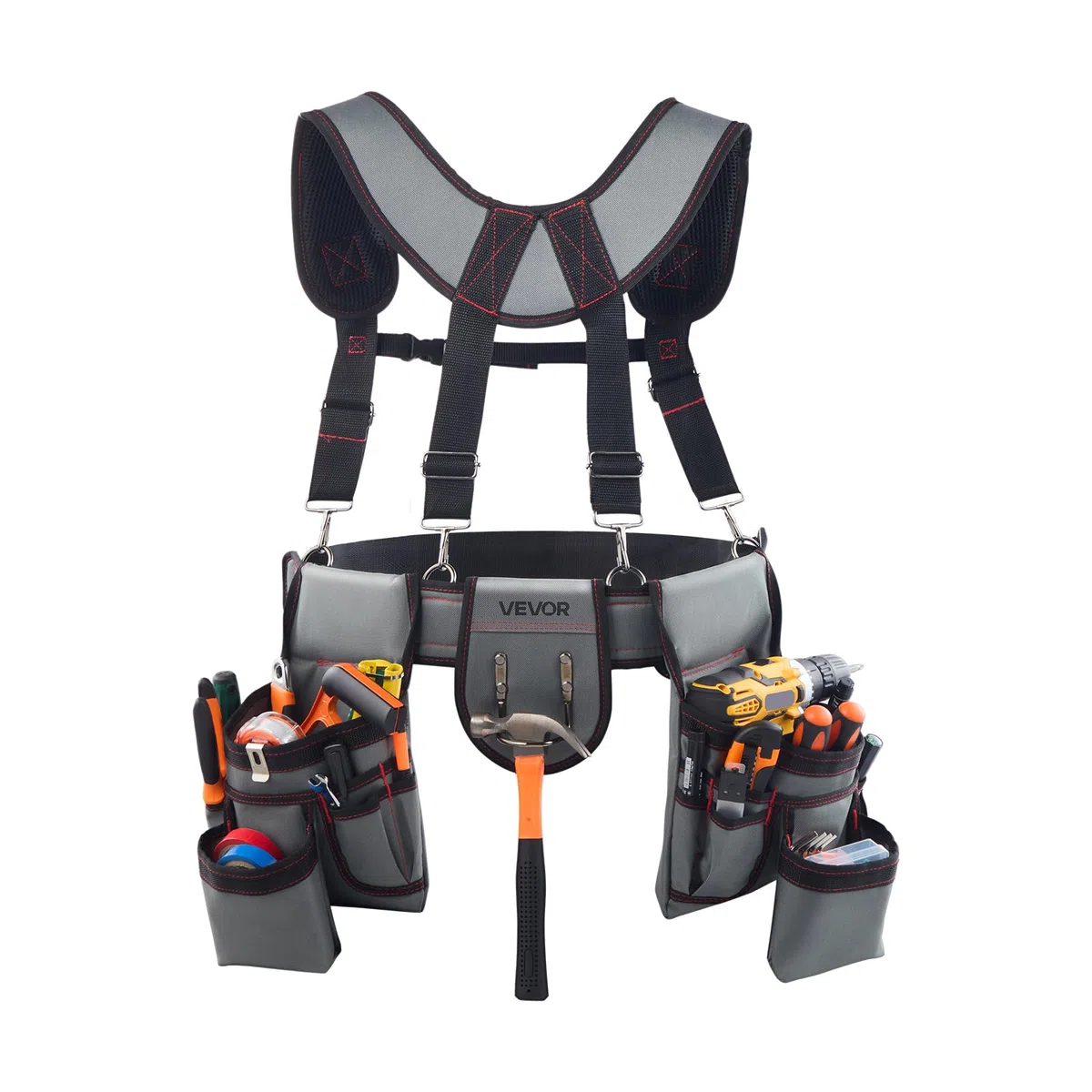 VEVOR Cinturón Portaherramientas para Profesionales, con 22 Bolsillos y Tirantes, Funda para Riñonera para Electricistas, Carpinteros y Obreros de la Construcción, Ajustable de 810 a 1730 mm