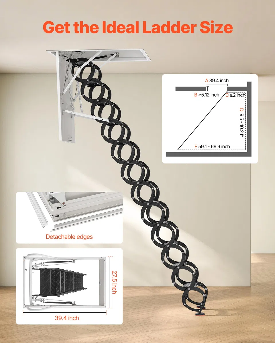 VEVOR Escalera de Ático, Carga 299,4 kg, Apta para Techos 2,9 a 3 m de Altura y Abertura 100 x 70 cm, Acero de Aleación, Retráctil y Abatible con Barra de Tracción para Techos de Áticos y Lofts