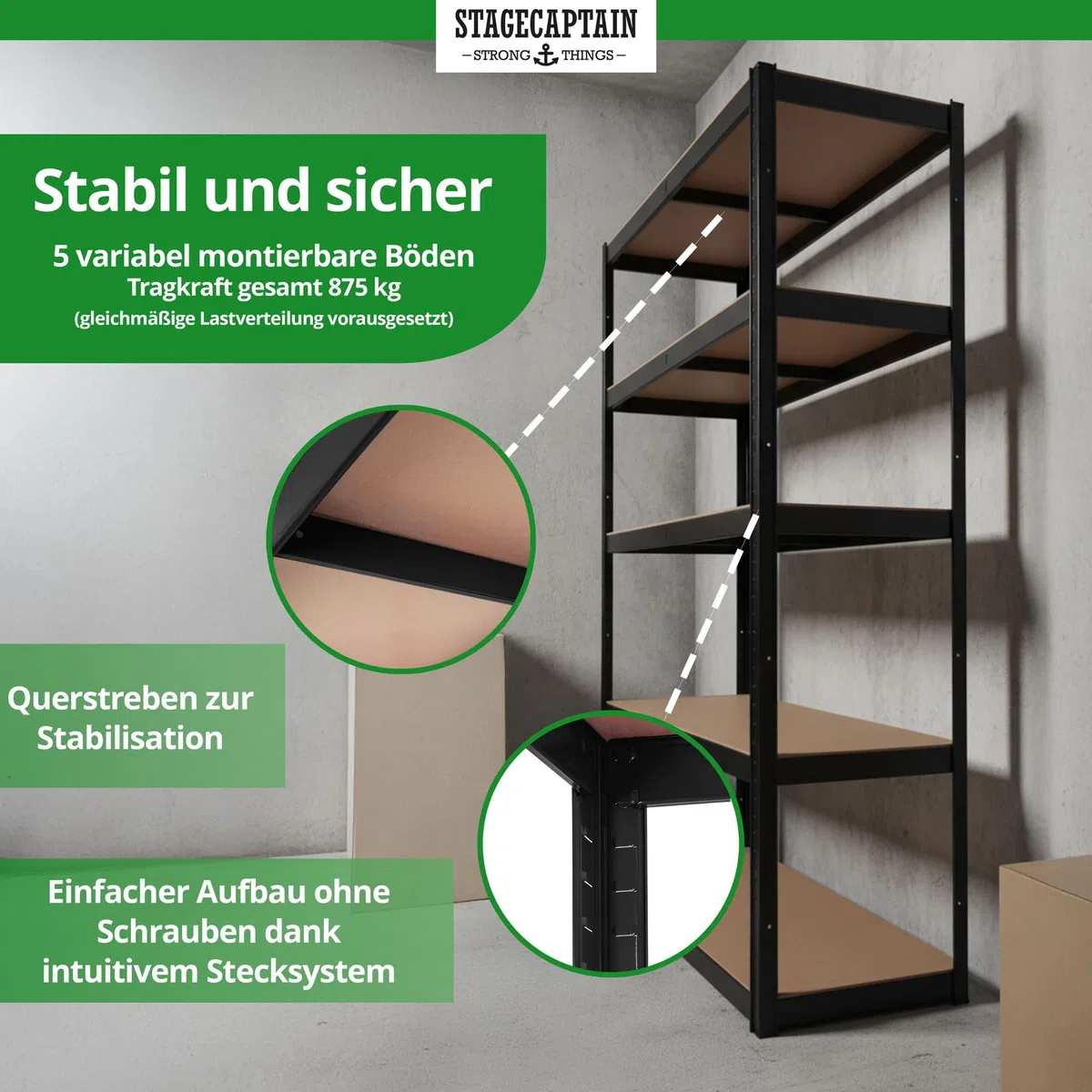 Stagecaptain Heavyrack HR-175 BK Juego de 4 estanterías metálicas - Estanteria Almacenaje de Cargas Pesadas de 875 kg MAX. - Estante Almacenamiento - 5 Baldas Multiusos - Negro