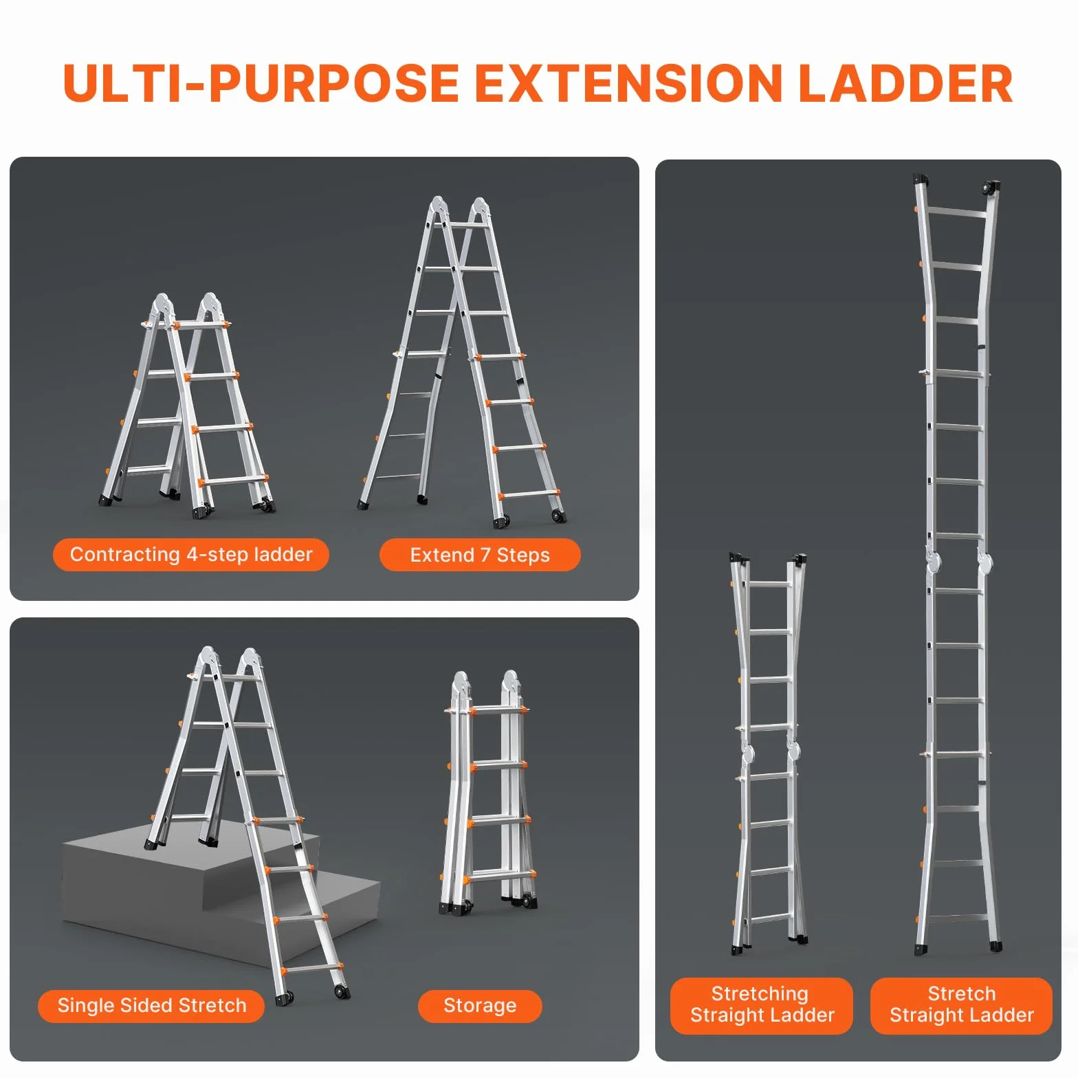 VEVOR Escalera Telescópica con Estructura en A Escalera Extensible 400 cm Escalera Plegable Portátil para RV, Tareas Escolares, Escalera de Techo para Interiores y Exteriores Carga de 149,7 kg