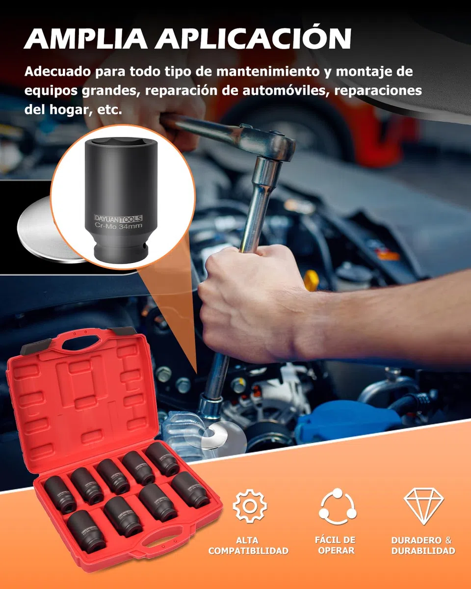 Juego de 9 tuercas de eje de impacto de 1/2 pulgada 29 30 31 32 33 34 35 36 38 mm