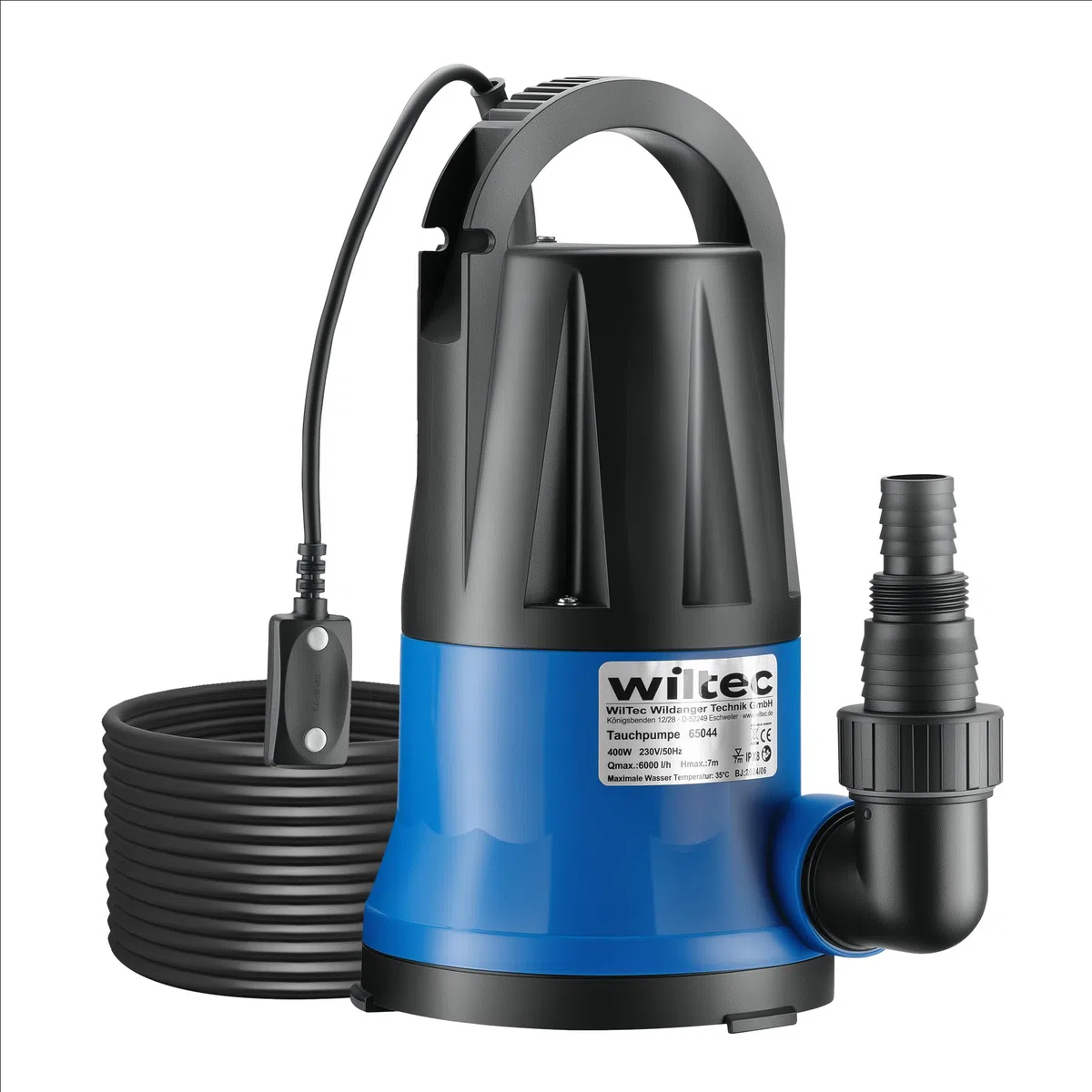 Wiltec Bomba de agua sumergible de aspiración plana 400 W aguas residuales hasta 1 mm caudal máx. 6000 l/h, altura máx. 7 m, profundidad máx. 7 m sensor de nivel de agua