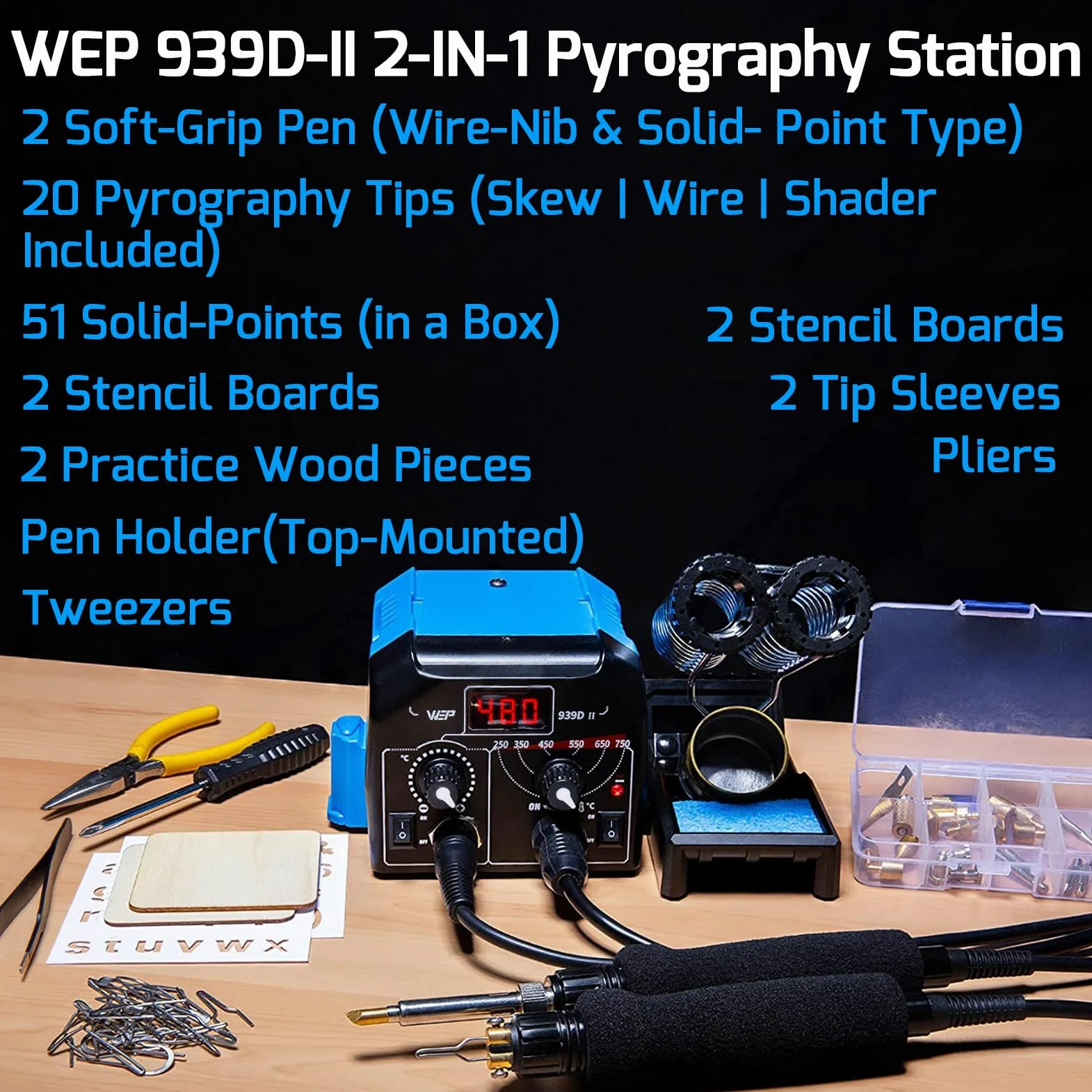 WEP 939D-II Kit pirograbador de madera 2 en 1, 86 en 1 con 51 puntas sólidas 23 de alambre 2 plantillas 2 maderas sin tratar soporte Kit de pirograbado ideal para pirografo y pyrography (enchufe UE)