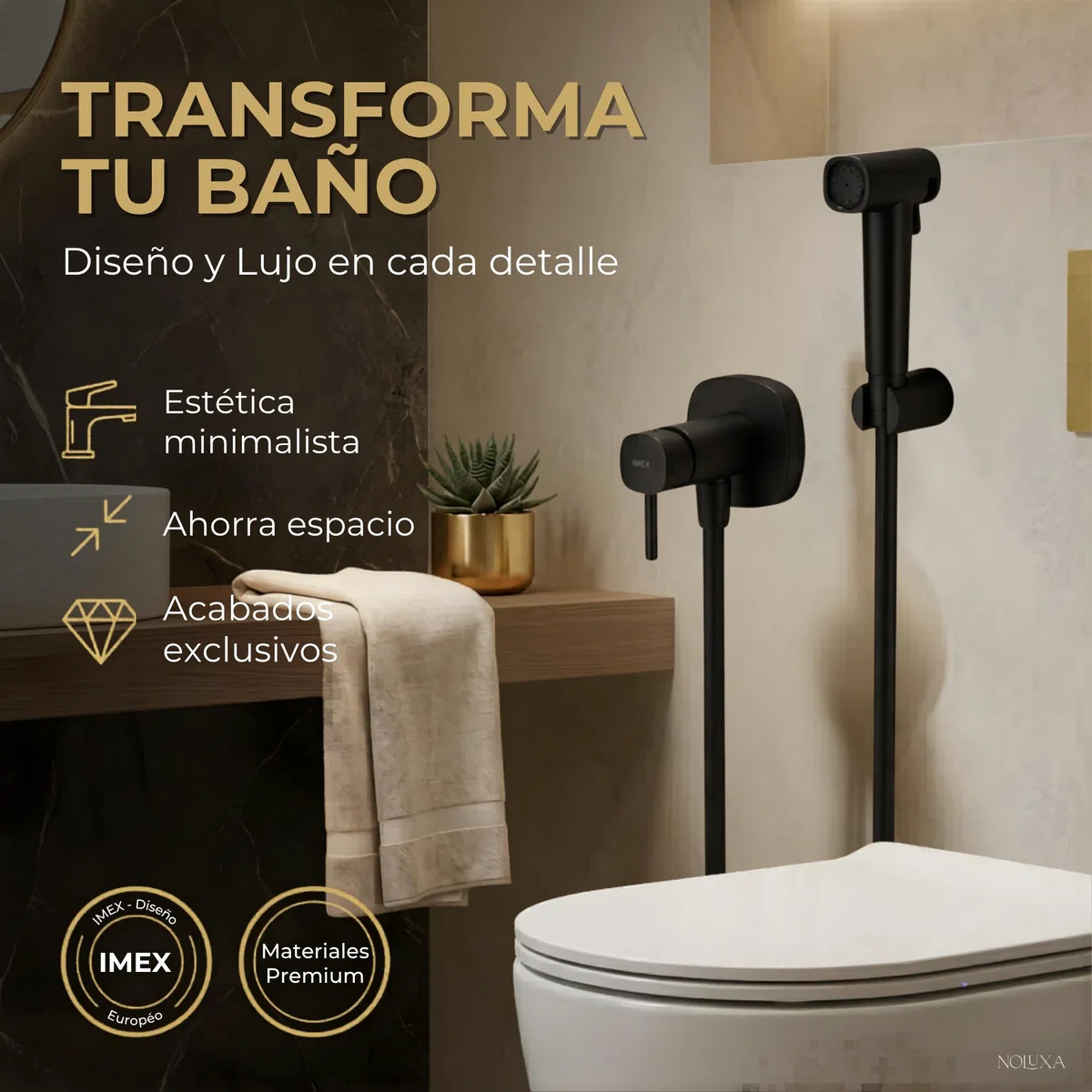 IMEX - Ducha Bidet Agua Fría y Caliente Color Negro Mate | Grifo Bidet Empotrado para WC | Ducha Higiénica Monomando para Inodoro | Grifería Sustituto de Bidé | Serie Toscana
