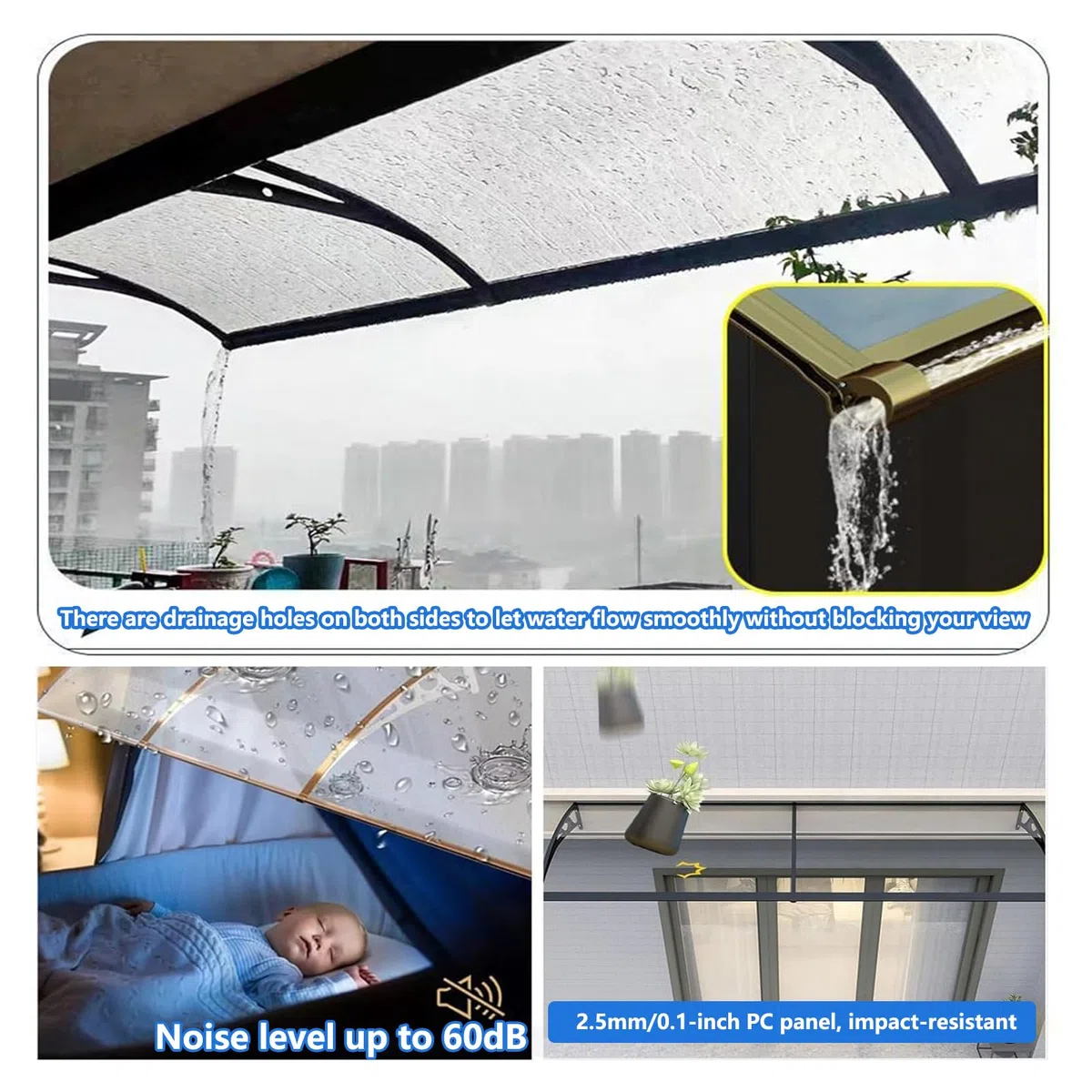 Toldo para Puerta de Entrada con sección Lateral, 60x120cm, Marquesina Transparente de policarbonato de 6 mm y Aluminio, marquesina de Puerta para protección Exterior contra la Lluvia