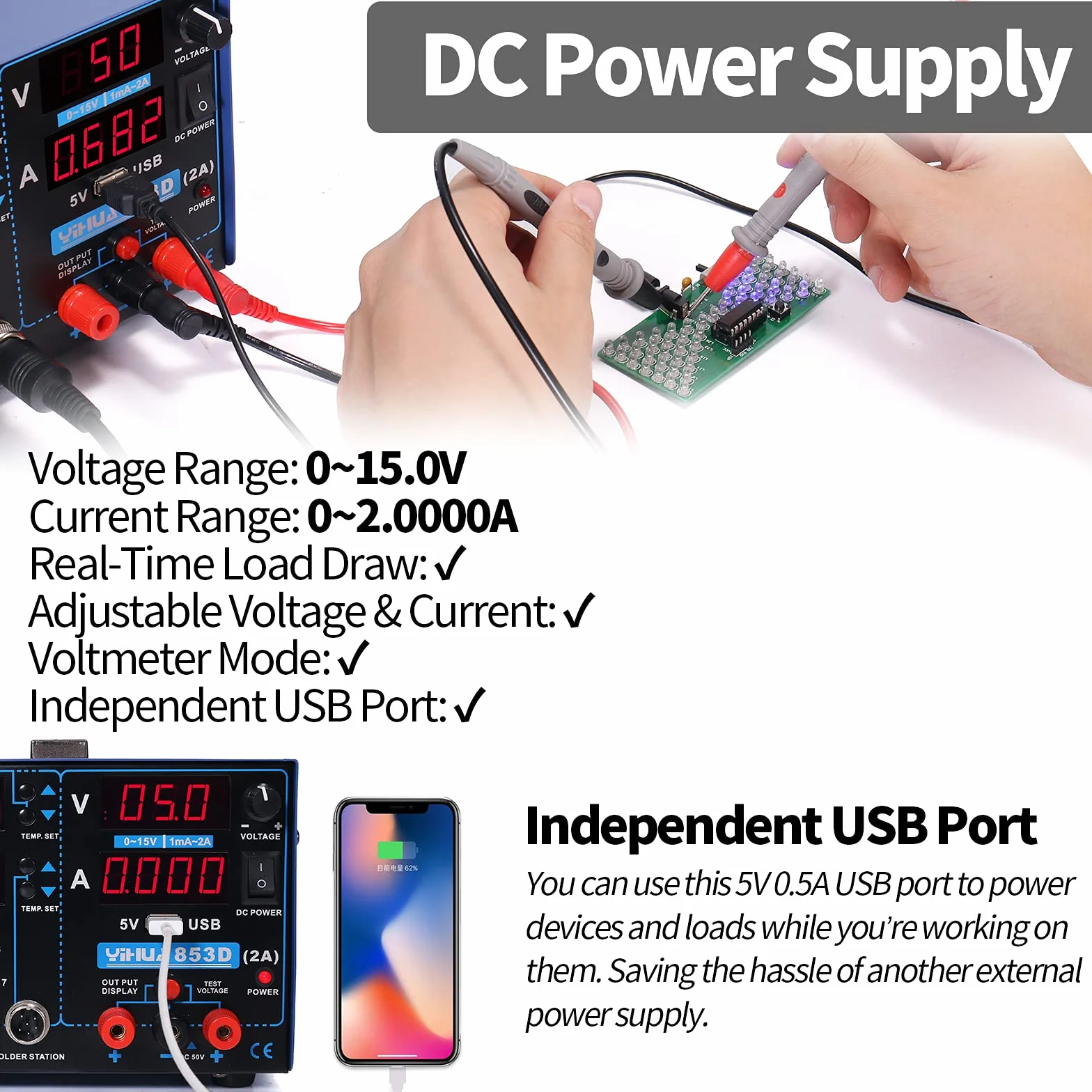 YIHUA 853D 2A USB Estación de soldadura y estación de soldadura de aire caliente alimentador 0-15VDC Estación 3 en 1 con puerto de carga USB5V voltímetro de 35VDC para reparación de teléfonos móviles