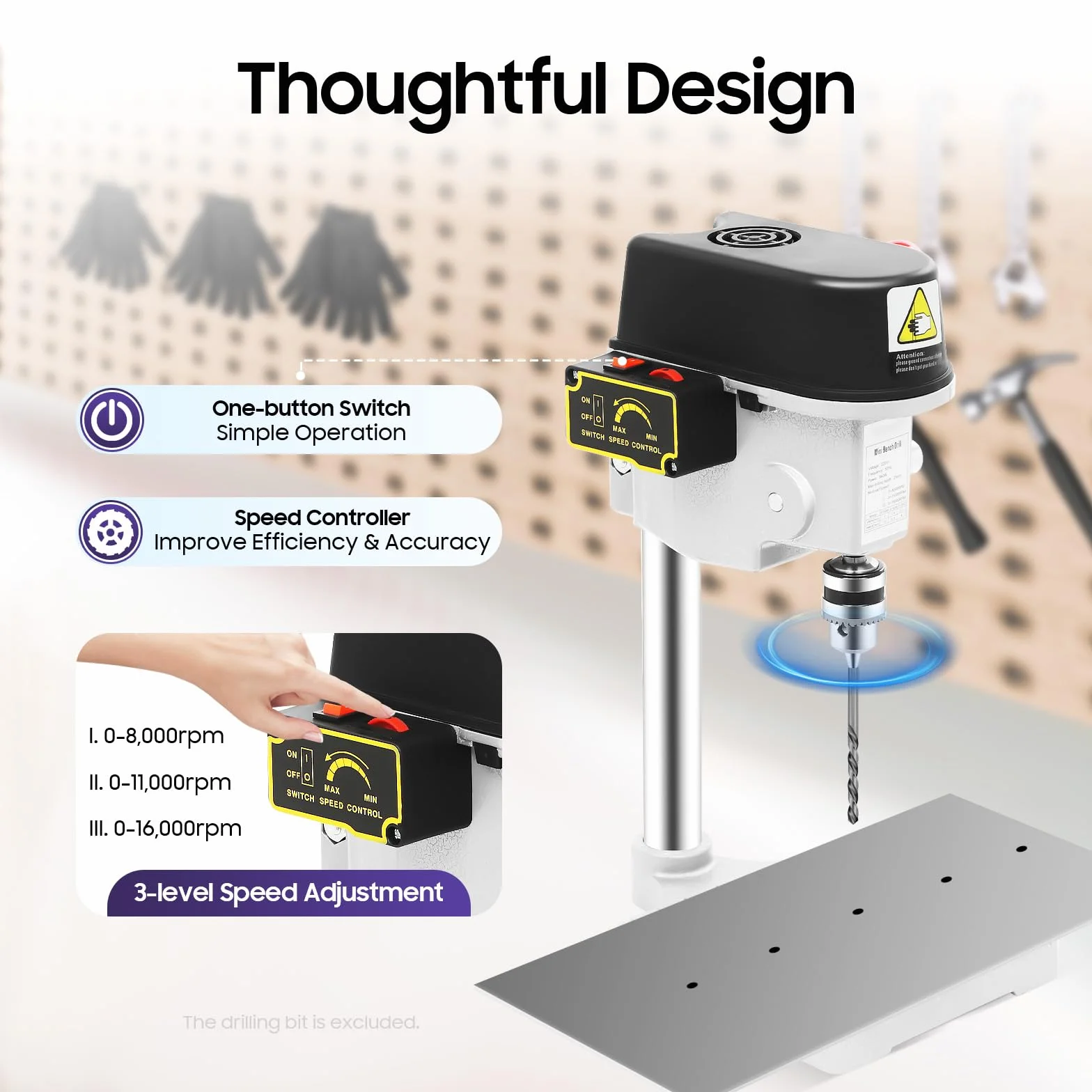 Mini taladro de mesa eléctrico, portátil, con cable, velocidad de 3 niveles para madera, metal y plástico
