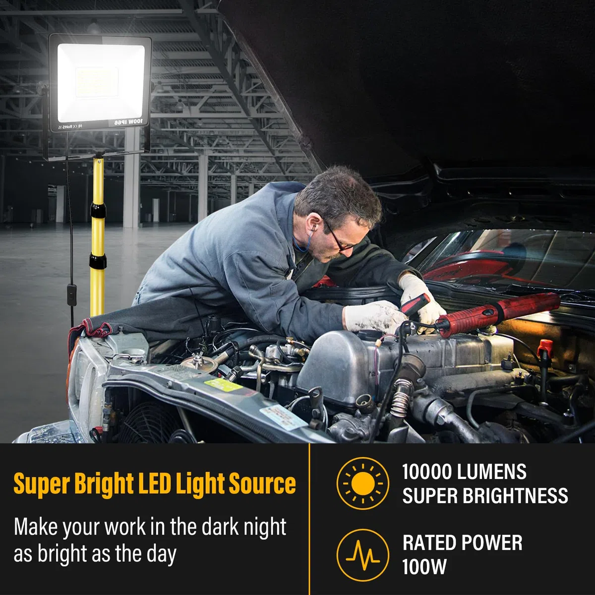 SKYWORLD Foco LED 100 W, trípode, 10000 lm, resistente al agua, para taller, construcción, garaje, jardín