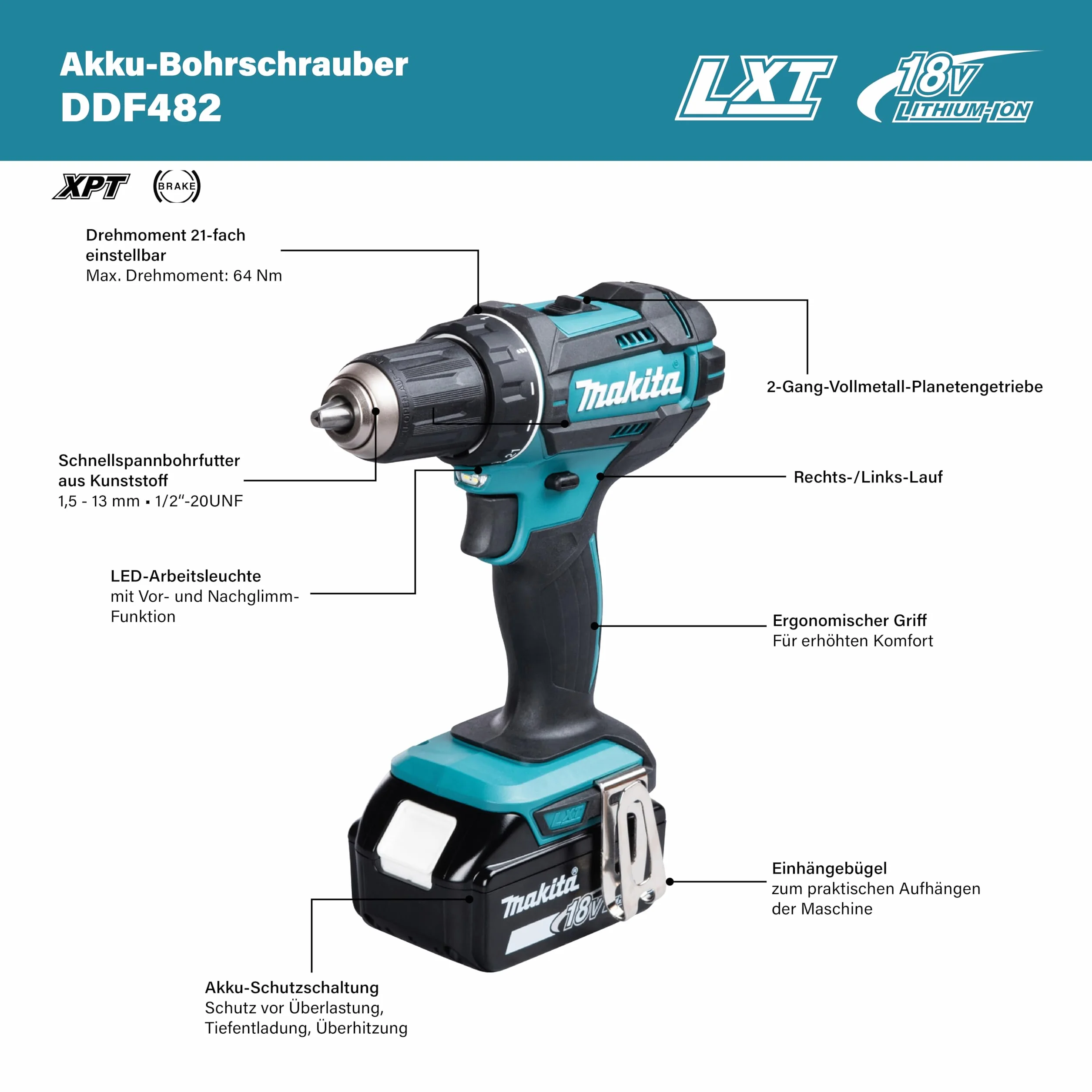 MAKITA DDF482Z -Taladro Atornillador 18V Litio 62 NM, 0 W, 18 V, Negro