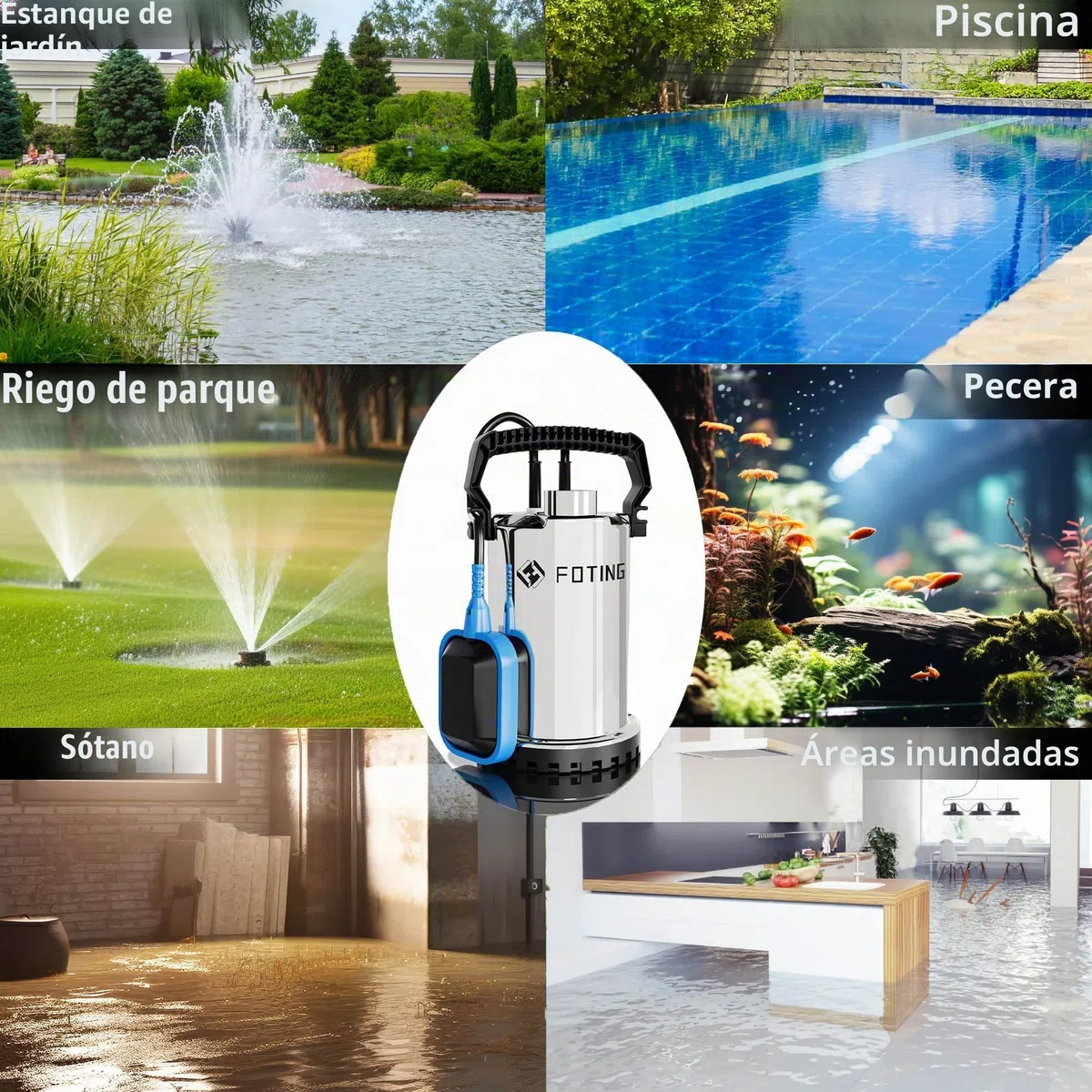 FOTING Bomba de agua Sumergible 400W, capacidad de 8.250 l/h, Altura máxima de suministro 7 m, inmersión máx. 7 m, interruptor de flotador, nivel mín. 7 mm, para jardín y depósitos