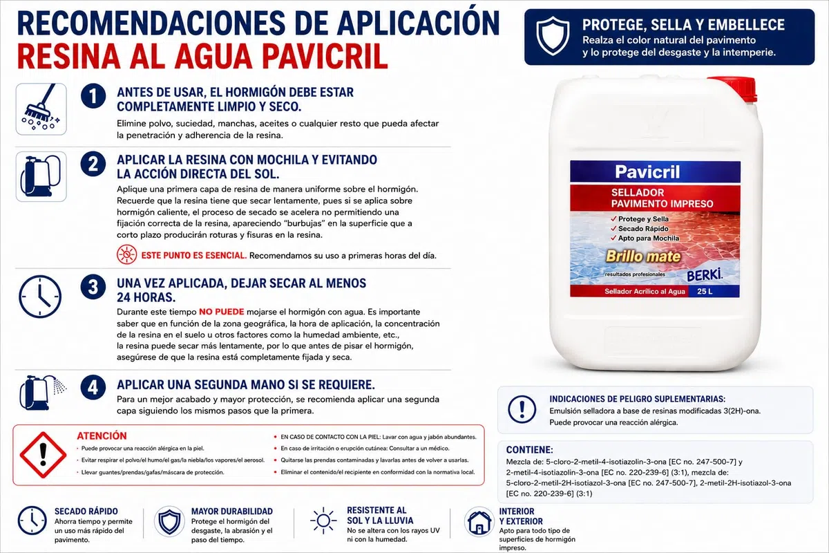 BERKI - Resina para Pavimento Impreso al Agua Pavicril 25 Litros, Sellador Hormigón, Barniz para Pavimento, Protección del Suelo. Brillo Mate, Somos Fabricantes.