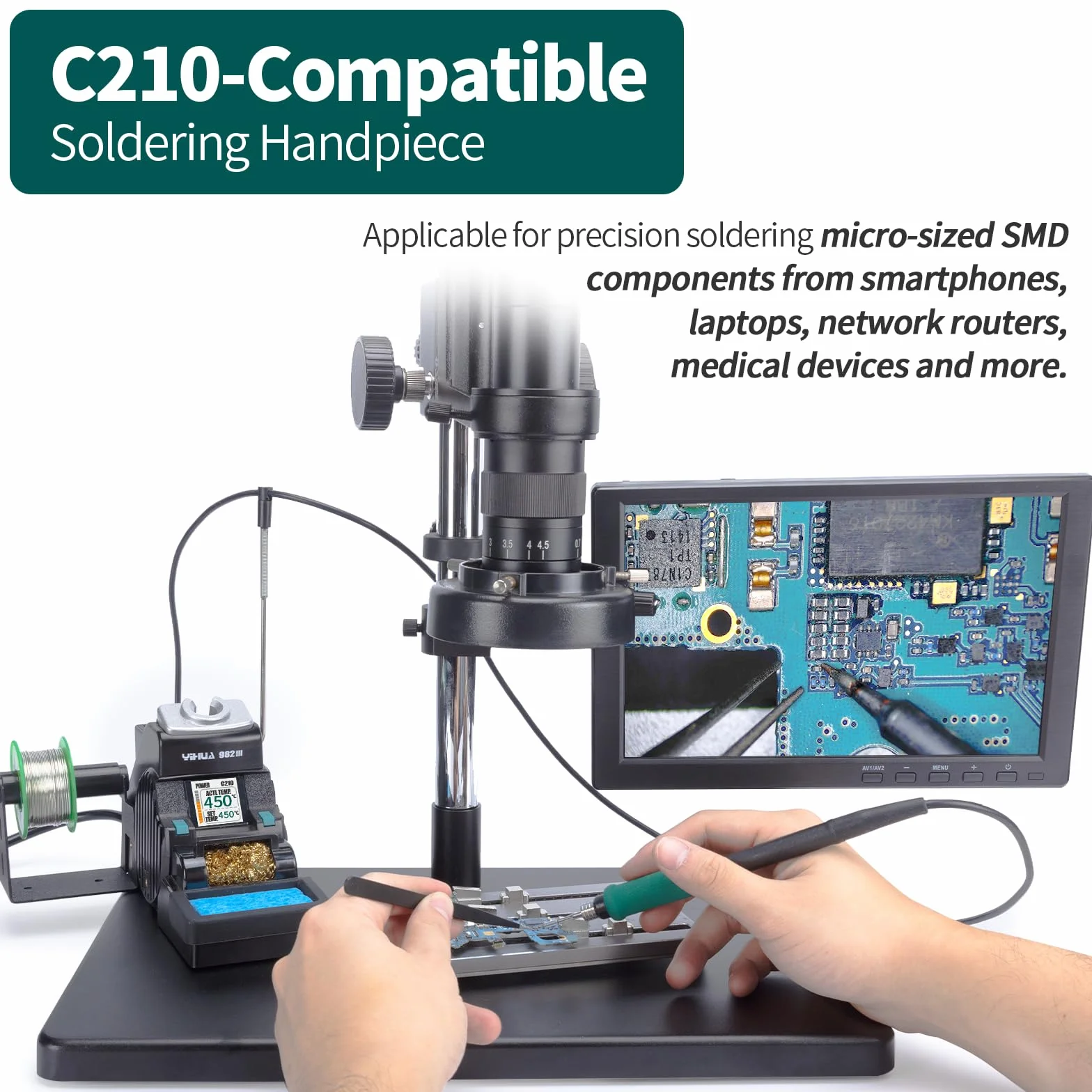 YIHUA 982-III Kit de estación de soldadura de precisión compatible C210 incluye 3 soldador estaño C210 alambre de soldadura sin plomo modo de reposo modo de espera automático pantalla a color completa