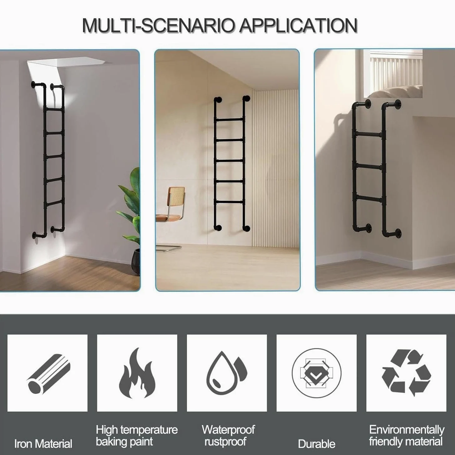 Escalera antideslizante, escalera de escape de incendios de hierro de Metal ferroso montada en la pared, escalera de seguridad del techo al aire libre con camión ático pesado de 330 libras,Black-1.4M