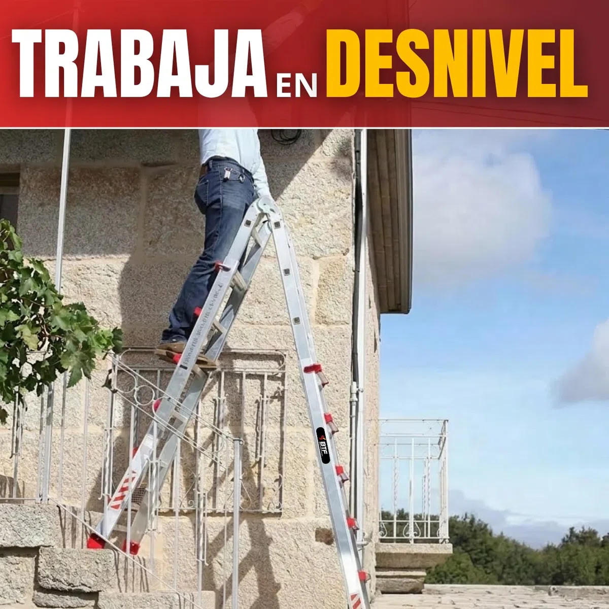 Escalera Telescópica de Aluminio Articulada 4x5 Peldaños | BTF Escalera Extensible Plegable Multiposición hasta 4,7m, Tijera 2,3m, Carga 150kg, Norma EN131