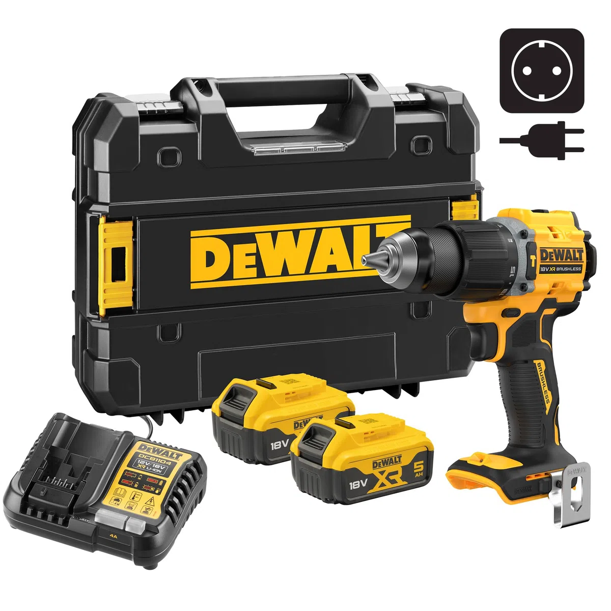 DEWALT Taladro percutor compacto sin escobillas 18V XR con 2 baterías de iones de litio de 5Ah y caja de kit TSTAK, enchufe europeo, DCD799P2T-QW