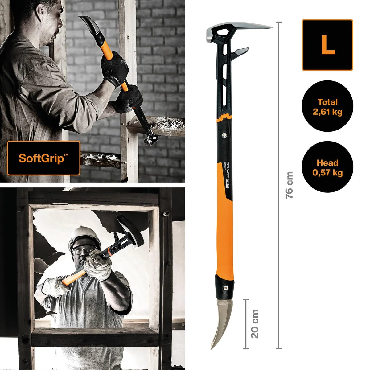 Fiskars Herramienta de demolición IsoCore L, Para una variedad de trabajos de demolición, Longitud: 75,3cm, Peso: 2,6 kg, Negro/Naranja, 1027221